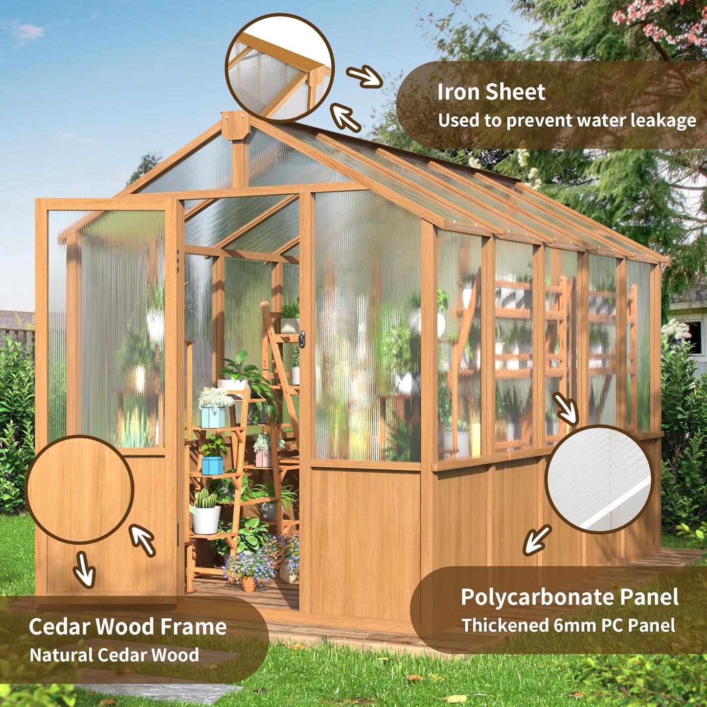 Wooden Greenhouse 6x10 FT, Walk-in Greenhouse for Outdoors with 6MM Thick Polycarbonate Panel and Adjustable Roof Vents, Garden Backyard, Wood Colour