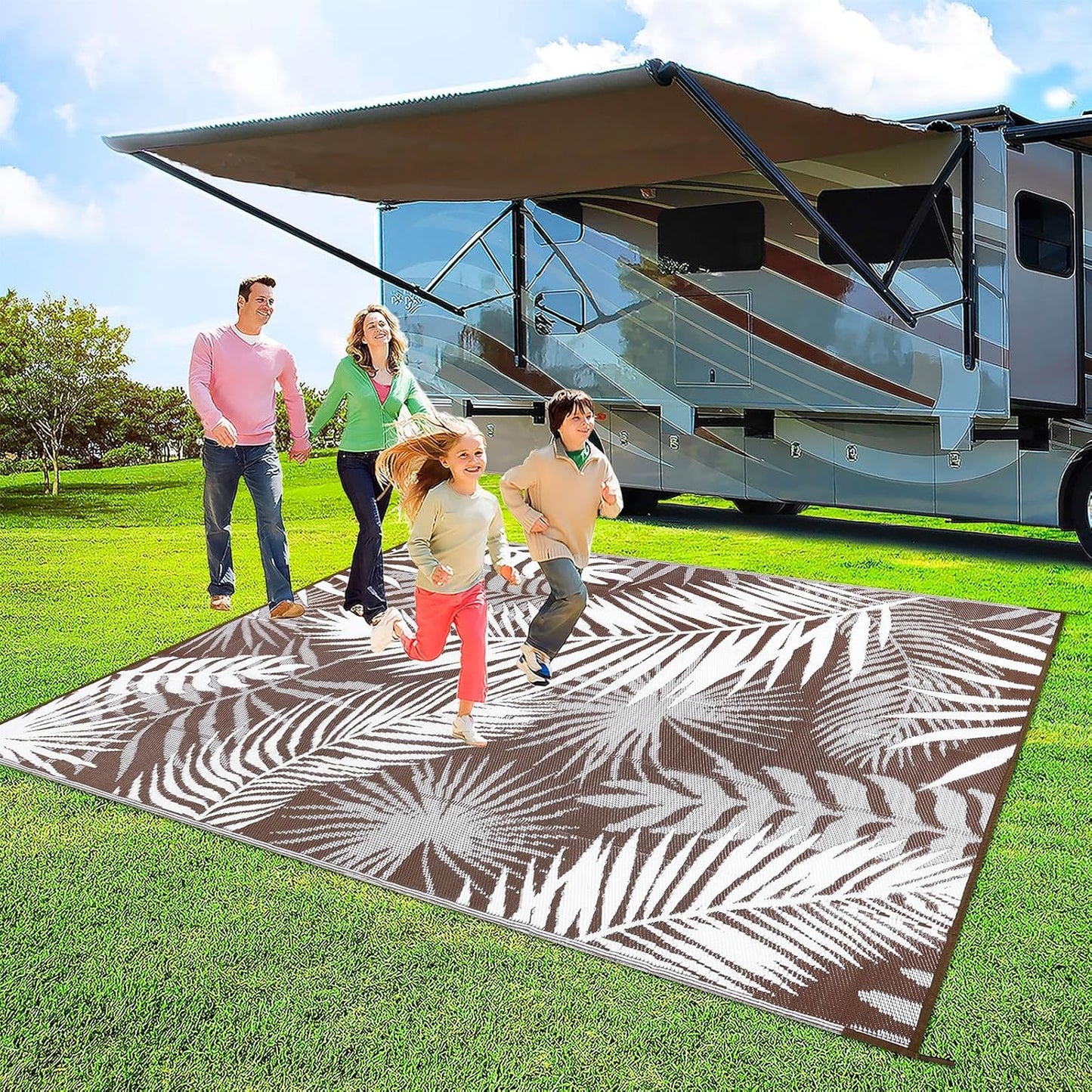 Outdoor Rug Waterproof for Patios Clearance, Reversible Outdoor Plastic Straw Rug Camping Carpet, Outside Floor Mats Large Area Rugs for RV,Patio,Deck,Porch,Beach,Balcony，10'x8',Brown&White