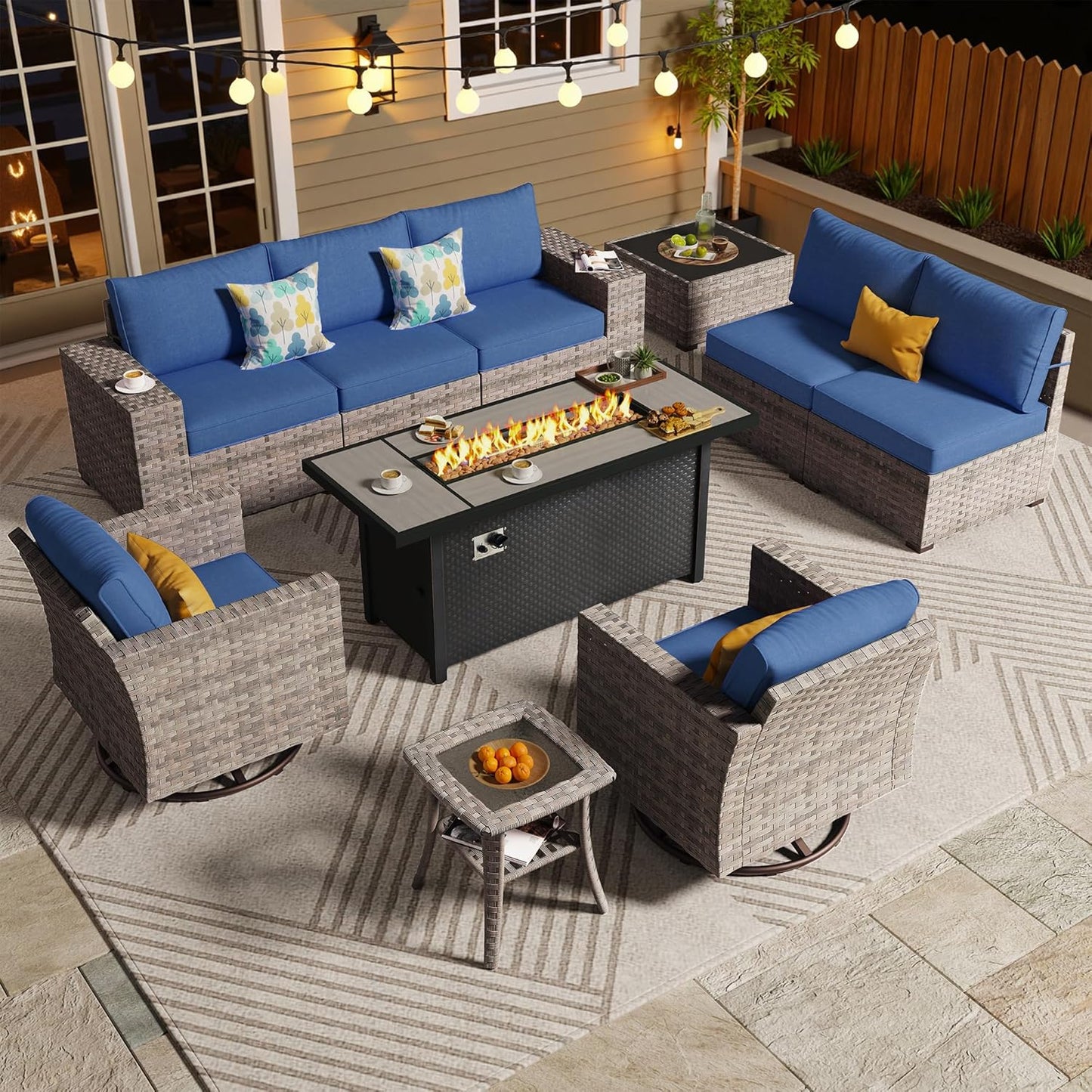 ovios 10 Pieces Patio Furniture Set, Outdoor Wicker Sectional Sofa with 54" Fire Pit Table Swivel Chairs, Modern Modular Deep Seat Rattan Couch Conversation Sets, Navy Blue