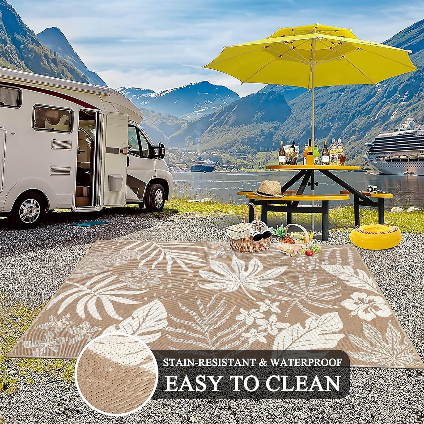 Pauwer Waterproof Outdoor Rug 6x9, Reversible Plastic Straw Patio Camping Rug, Indoor Outdoor RV Mat Carpet for Deck, Camper, Porch, Balcony, Backyard, Picnic, Floral Brown