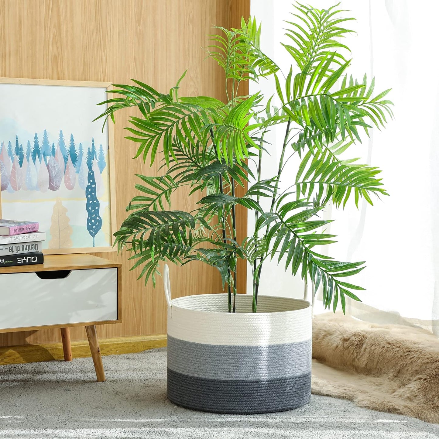 KAKAMAY Large Blanket Basket (20"x13"),Woven Baskets for storage Baby Laundry Hamper,Cotton Rope Blanket Basket for Living Room, Laundry, Nursery, Pillows, Baby Toy chest with Handles (White/Grey)