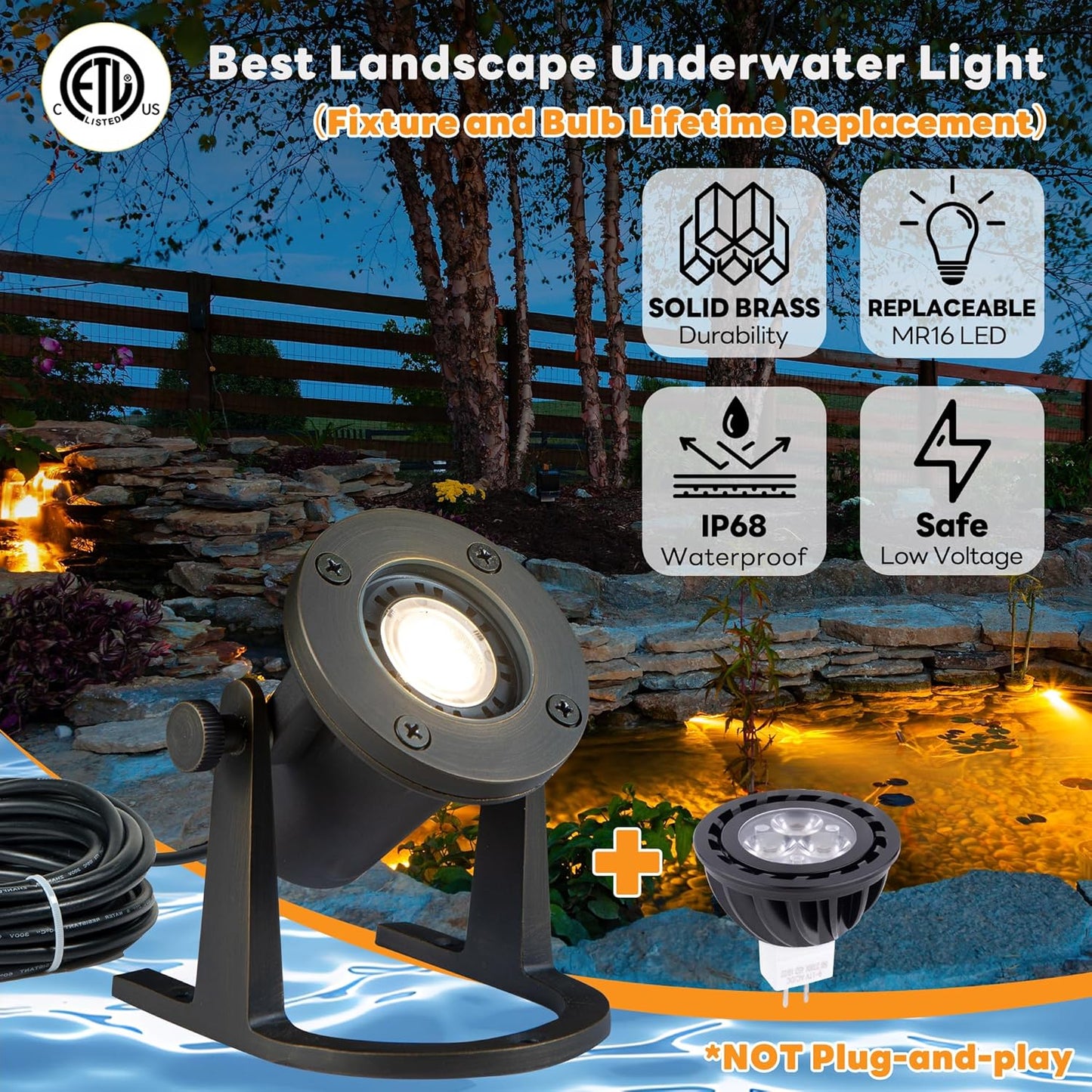 Submersible Pond Light - 12V Low Voltage IP68 Waterproof, Solid Brass Underwater Light with 3000K MR16 LED Bulb, for Water Fountains, Waterfalls, Pool and Outdoor Landscape Lighting(4 Pack)