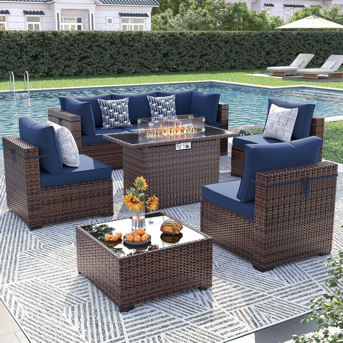 UDPATIO Patio Furniture Set with Fire Pit Table, 8 Piece Outdoor Sectional Modular Sofa, Wicker Outdoor Furniture Conversation Sets with Waterproof Cover for Backyard Deck (Brown/Navy Blue)