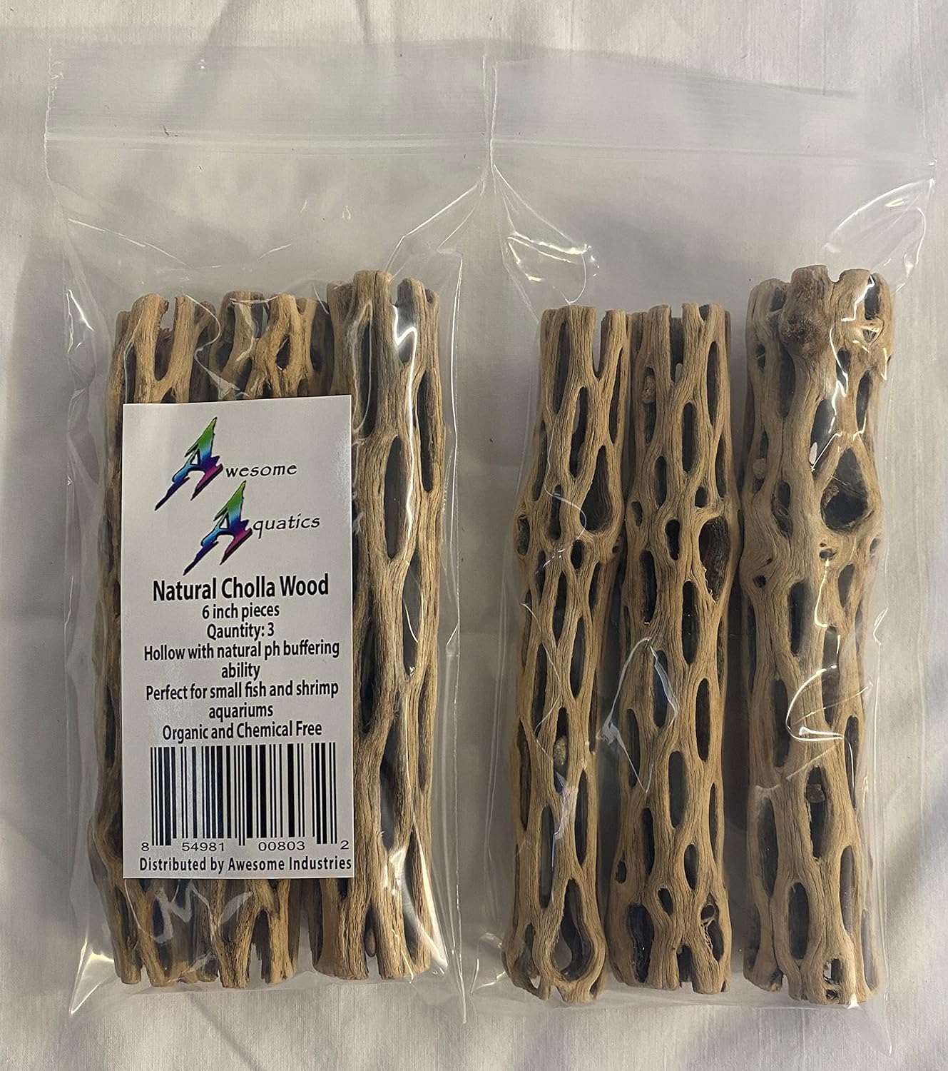Awesome Aquatic Natural Cholla/Choya Wood 3 Pieces 6” for Shrimp Habitat and Food Treat Hermit Crabs Plecos Aquarium Decoration Lowers pH Hideouts and Chew Toys Reptiles Thorn Free Dried Organic