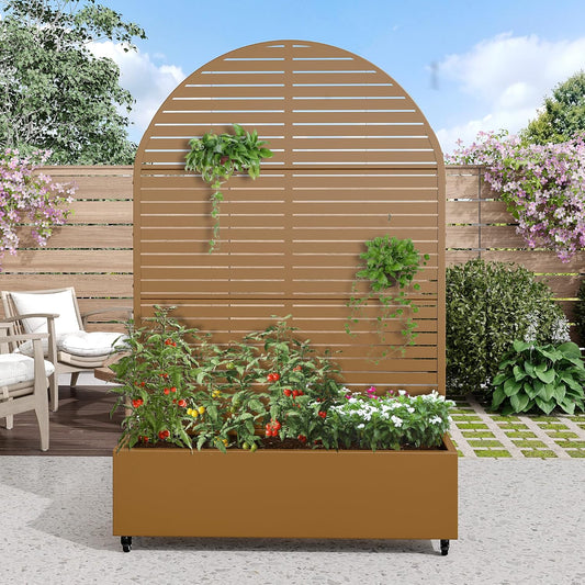 Casaphoria Metal Raised Garden Bed with Trellis and Wheels, 72"x47"x16" Arched Planter Box for Climbing Plants, Vegetables & Vines, Features Drainage Holes and Privacy Screen (Brown-Louvered)