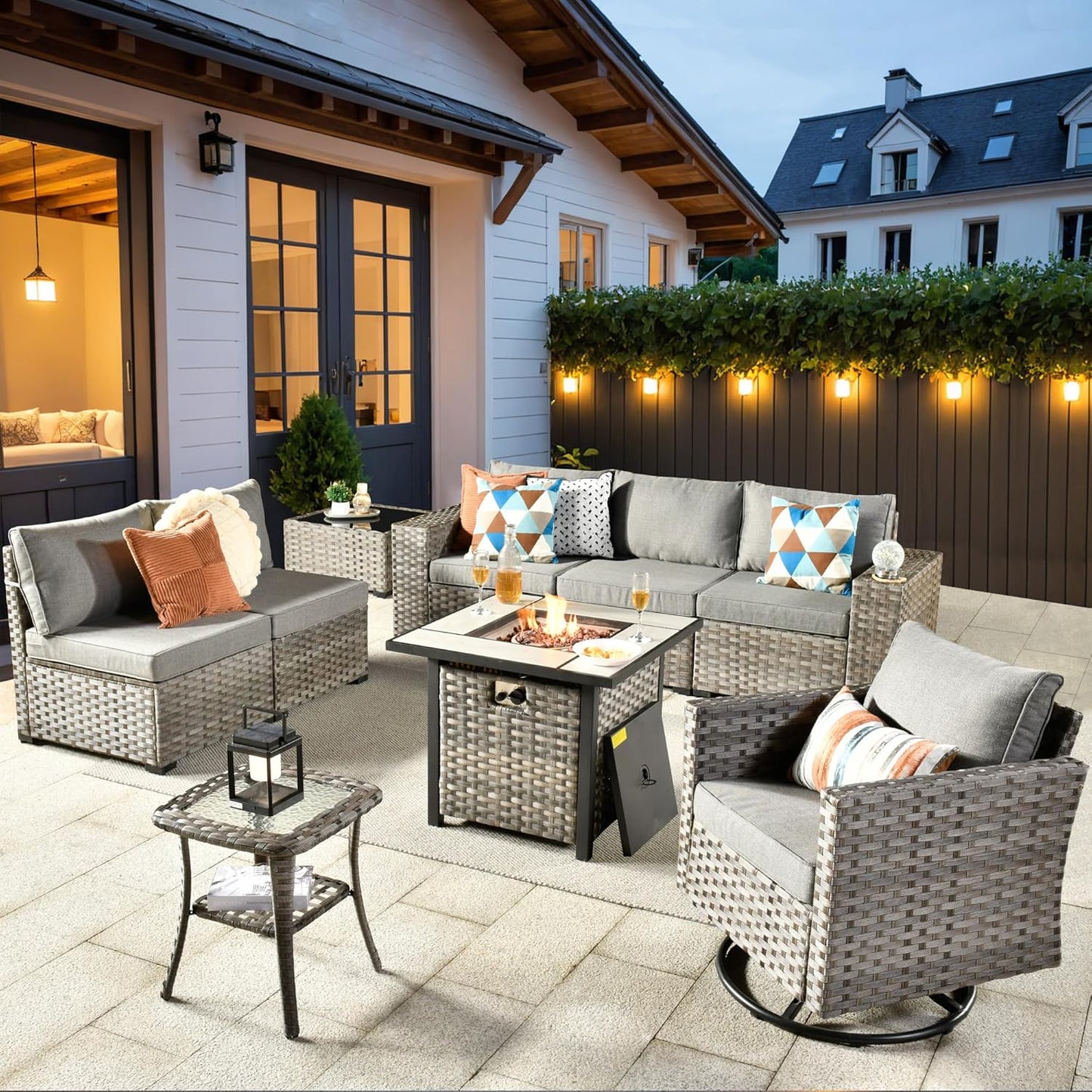 ovios 9 Pieces Patio Furniture Set, Outdoor Wicker Sectional Sofa with 30" Fire Pit Table Swivel Chair, Modern Modular Deep Seat Rattan Couch Conversation Sets, Dark Grey