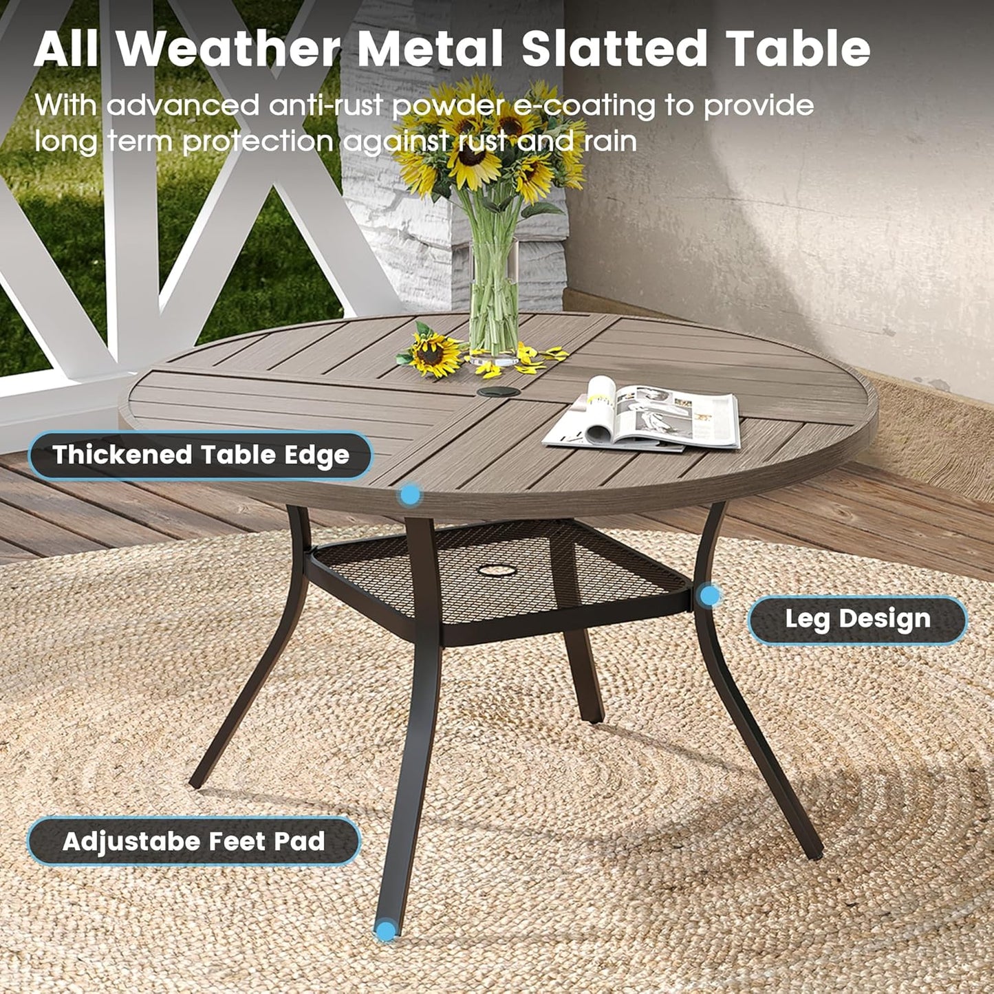 DIFY 40.6" Round Outdoor Patio Dining Table for 4, All-Weather Metal Steel Slatted Patio Table with 1.57" Adjustable Umbrella Hole, for Lawn Garden Porch Backyard, Grey Wood-Like