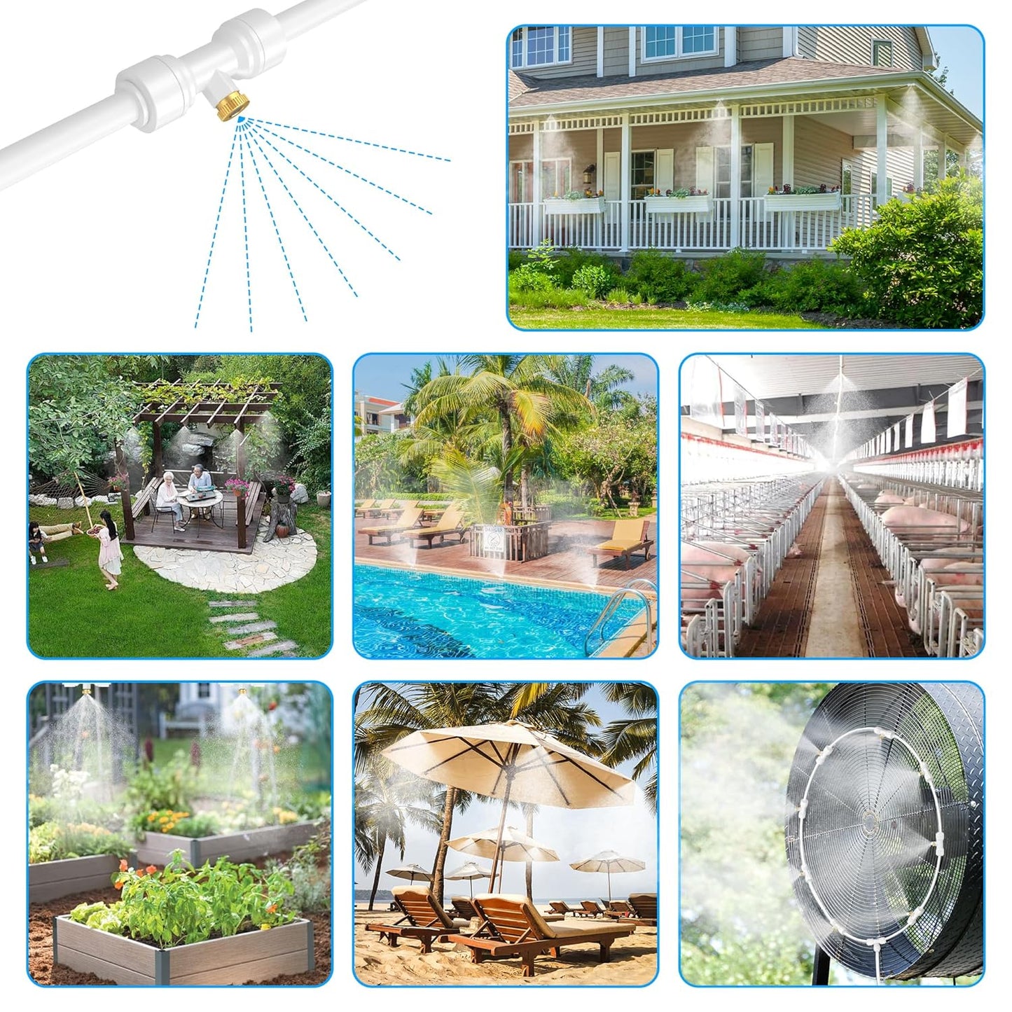 Misting Systems White, Outside Patio Misters, 100FT Misting Cooling System+30 Brass Mister System+2 PE Antioxidant Adapters 3/4"+2 Tee Adapters+2 90 Degree Elbows for Pasture&Garden&Gazebo (White)