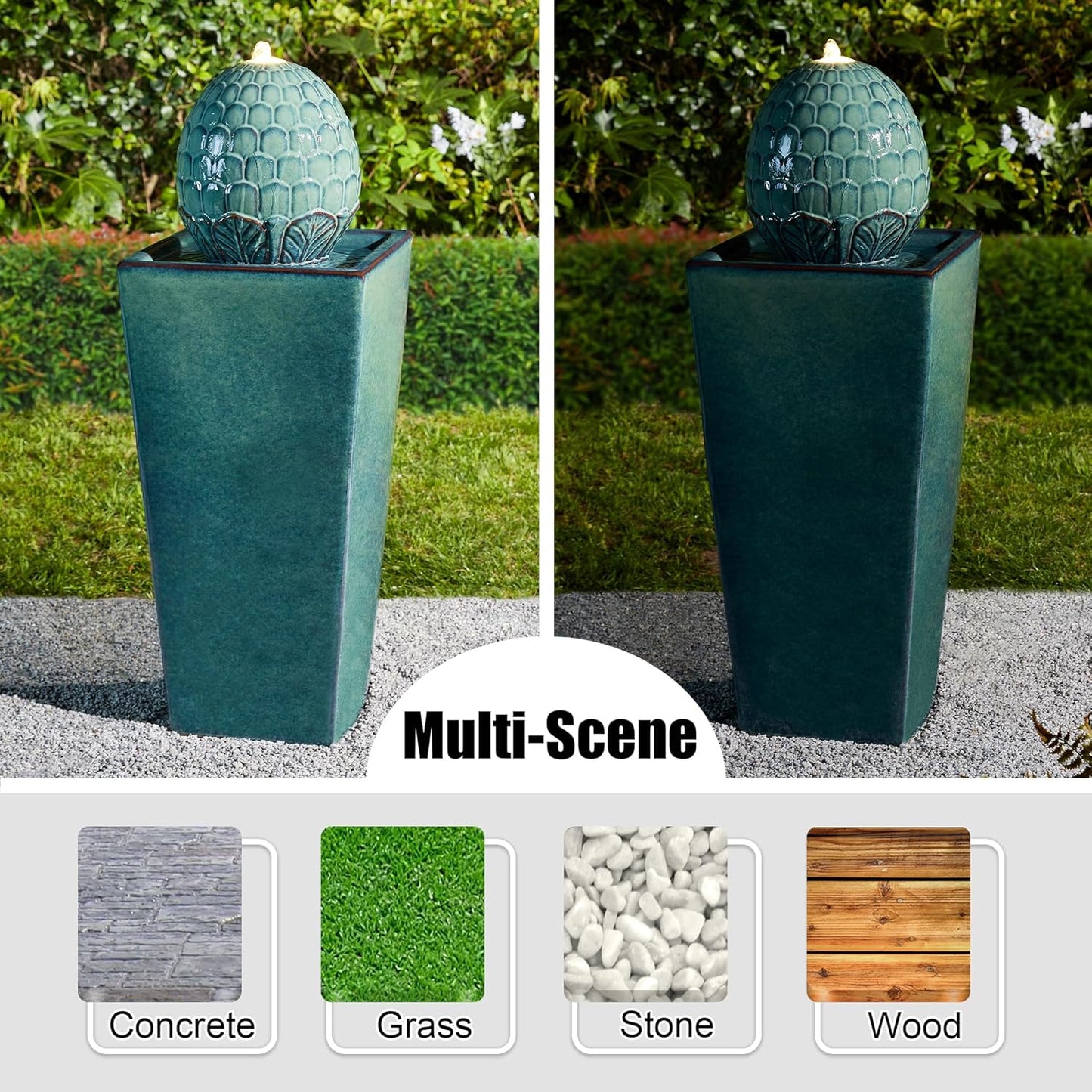 Glitzhome Ceramic Outdoor Water Fountain with LED Light, Oversized Artichoke Pedestal Water Fountains with Submersible Pump, Patio Fountain Waterfall for Garden Patio Deck Porch, Turquoise, 35.75" H