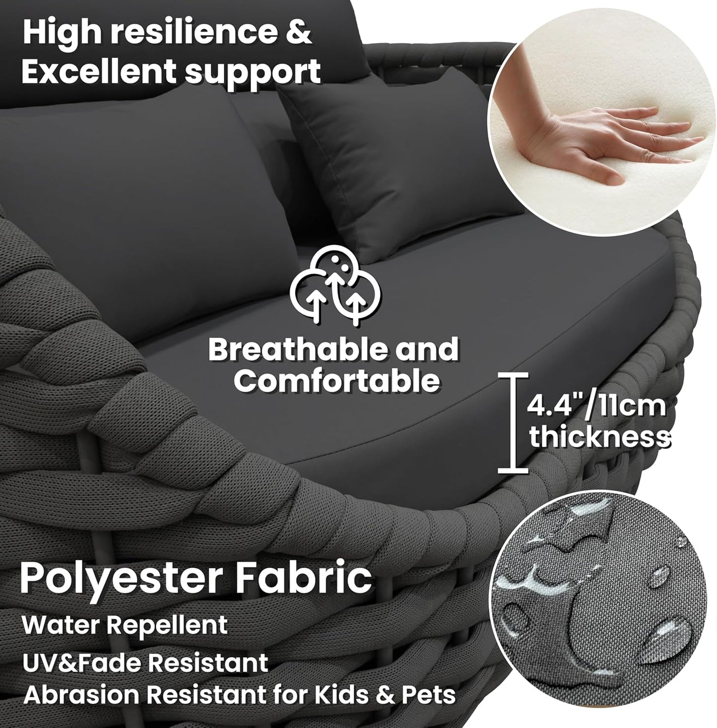 Fully Assembled Patio Furniture Set: 5 Pieces Woven Rope Outdoor Conversation Set Cushioned - Modern Metal Deck Loveseat Chair Table Set - Porch Seating For Yard Garden Poolside Hotel, Dark Grey