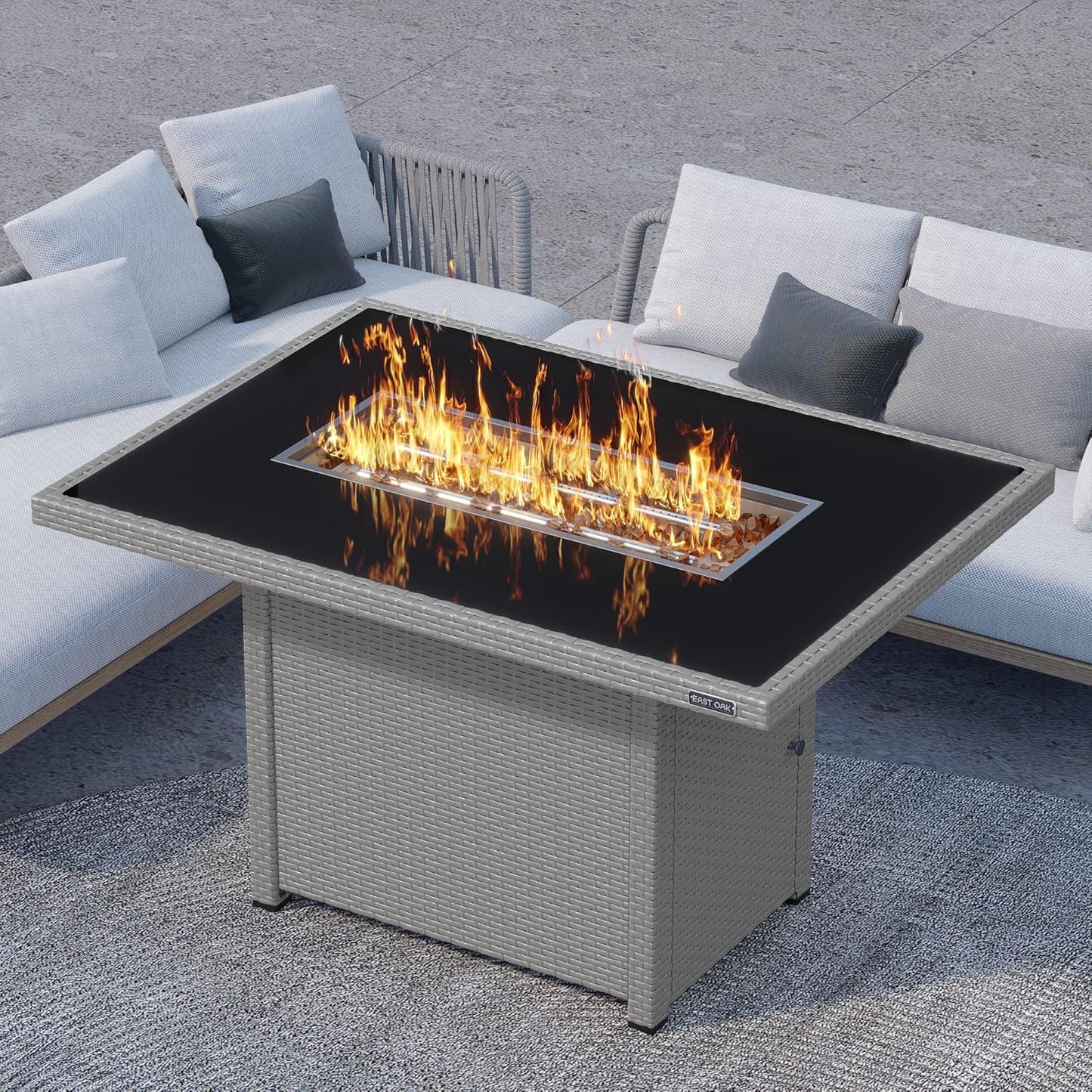 EAST OAK 44'' Propane Fire Pit Table, 60,000 BTU Gas Fire Table w/Aluminum Frame, H Type Burner and Tempered Glass Tabletop, CSA Listed Outdoor Patio Firepit, Fire Glass and Lid, Grey