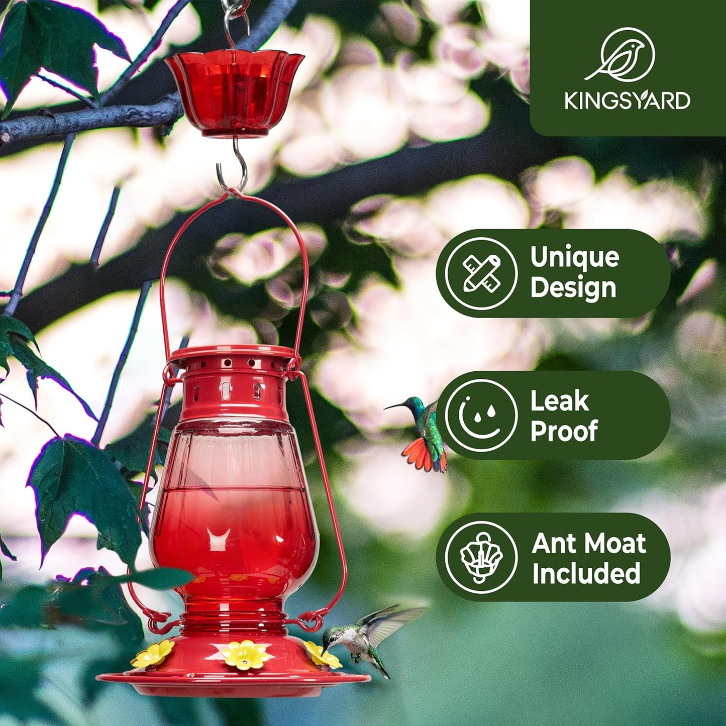 Kingsyard Vintage Glass Hummingbird Feeder Leak Proof Ant Bee Proof Lantern Bird Feeder with 6 Ports Moat, 24 oz Red