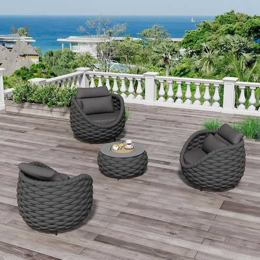 4 Pieces Courtyard Seating Set: Aluminum Woven Rope Patio Furniture Chair Set - All Weather Metal Outdoor Conversation Set - Assembled Armchair w/Table for Bistro Deck Porch Balcony, Dark Grey