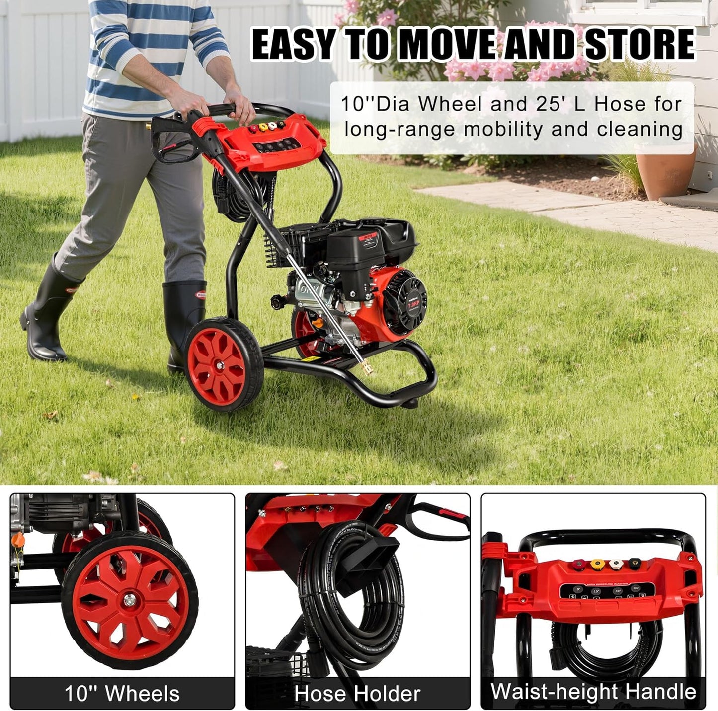 Gas Pressure Washer, 3950 PSI and 2.6 GPM, 7HP Engine with Copper Pump, 25FT Hose and Foam Cannon, 4 Nozzles, for Cars, Driveways, Fences