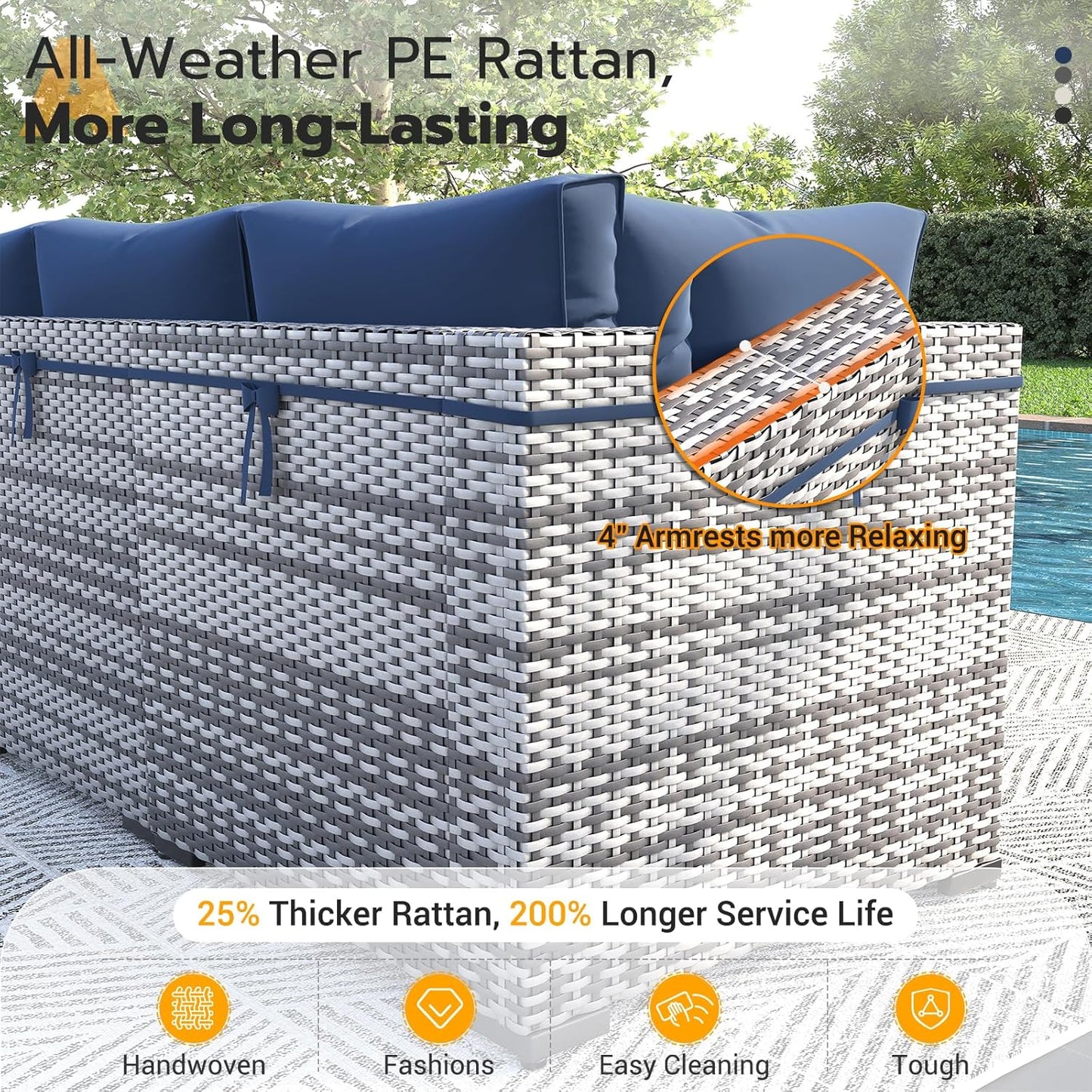 UDPATIO Patio Furniture Set with Fire Pit Table, 8 Piece Outdoor Sectional Modular Sofa, Wicker Outdoor Furniture Conversation Sets with Waterproof Cover for Backyard Deck(Grey/Navy Blue)