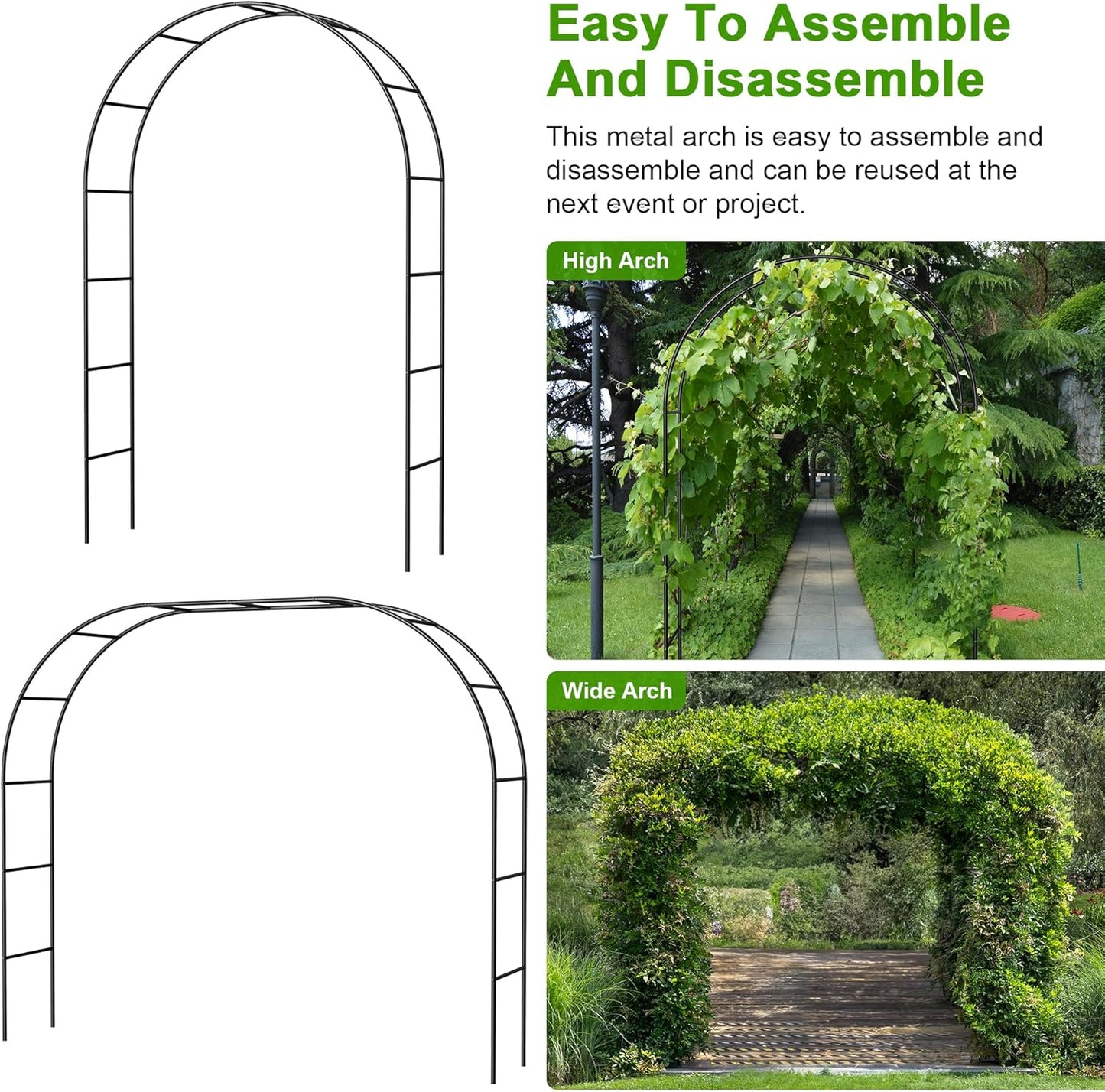 Metal Garden Arch Trellis Arbor, Wedding Arch Stand with Steel Frame,5.3'W * 7.6'H or 7.9'W * 6.3'H Ft,for Garden Arbor Trellis & Climbing Plant, Bridal Party & Ceremony Decorations (Black)