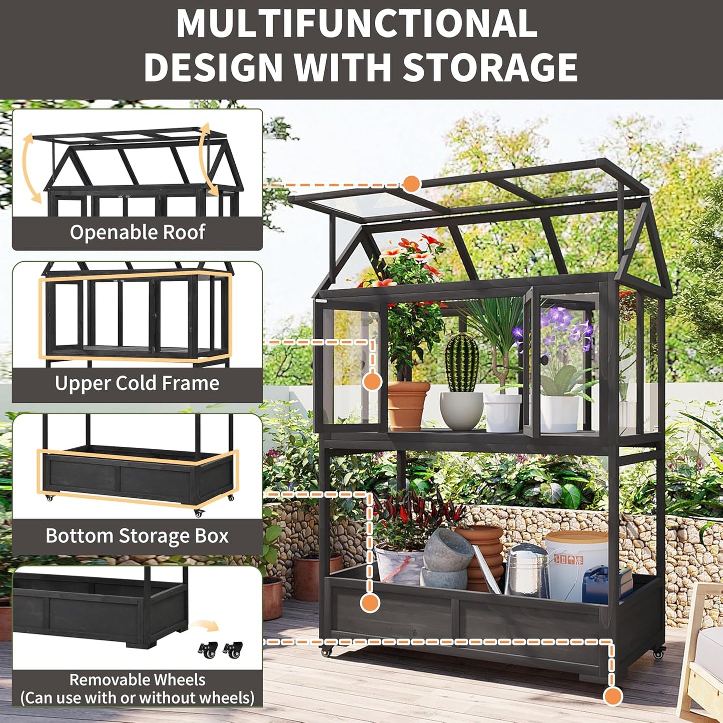 Garden Wood Portable Cold Frame - Mini Greenhouse with Wheels, Open Roof & Storage (Black+ Wood Color + WoodColor)