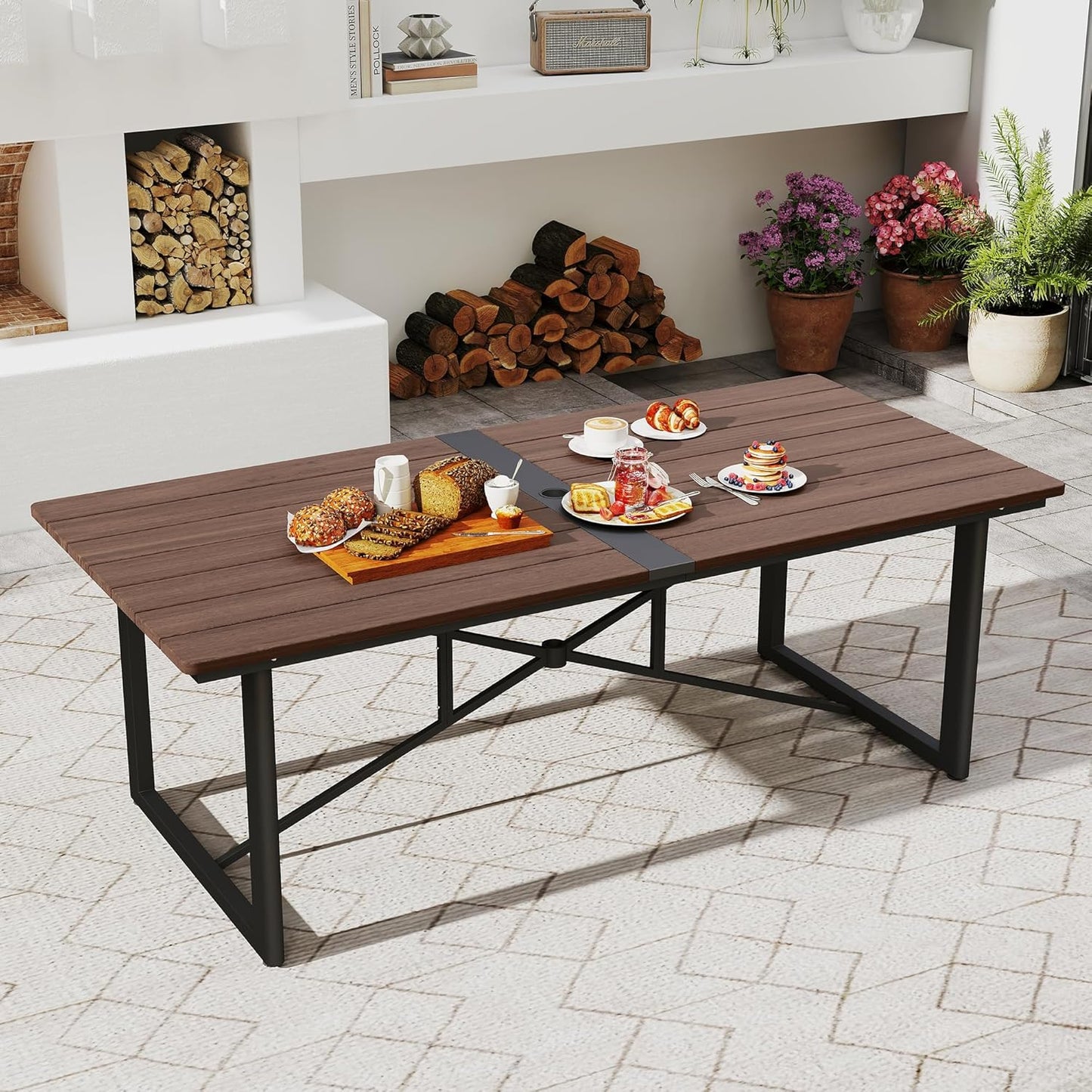 HAPPATIO Outdoor Acacia Wood Dining Table, 8-Person Patio Dining Table with Powder-Coated Aluminum Frame, Rectangle Outdoor Dining Table with Umbrella Hole for Deck Yard Garden