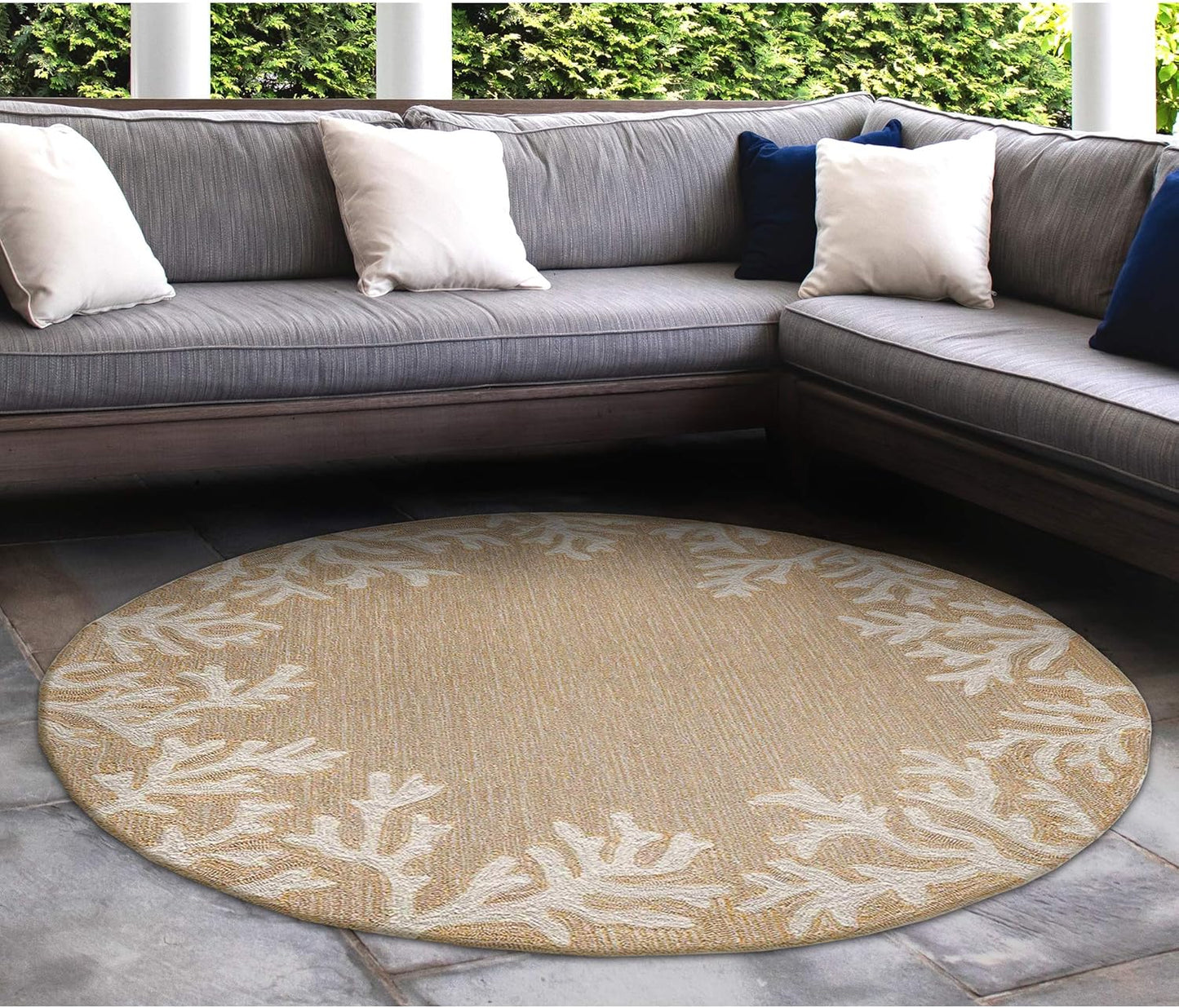 Liora Manne CAPRI Indoor/Outdoor Handmade Synthetic Blend Durable Area Rug - Traditional Border Coastal Beach Accent (Coral Border Neutral) (5' Round)