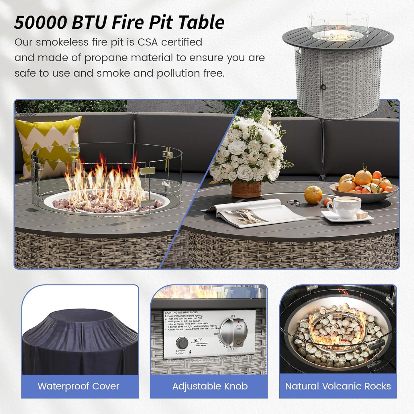 Patio Sectional Furniture Outdoor 12-Piece Grey Rattan Curved Sofa Set with Fire Pit Table,Storage Table,Pillows,Fit for Pool Backyard Balcony Porch Lawn (Grey)