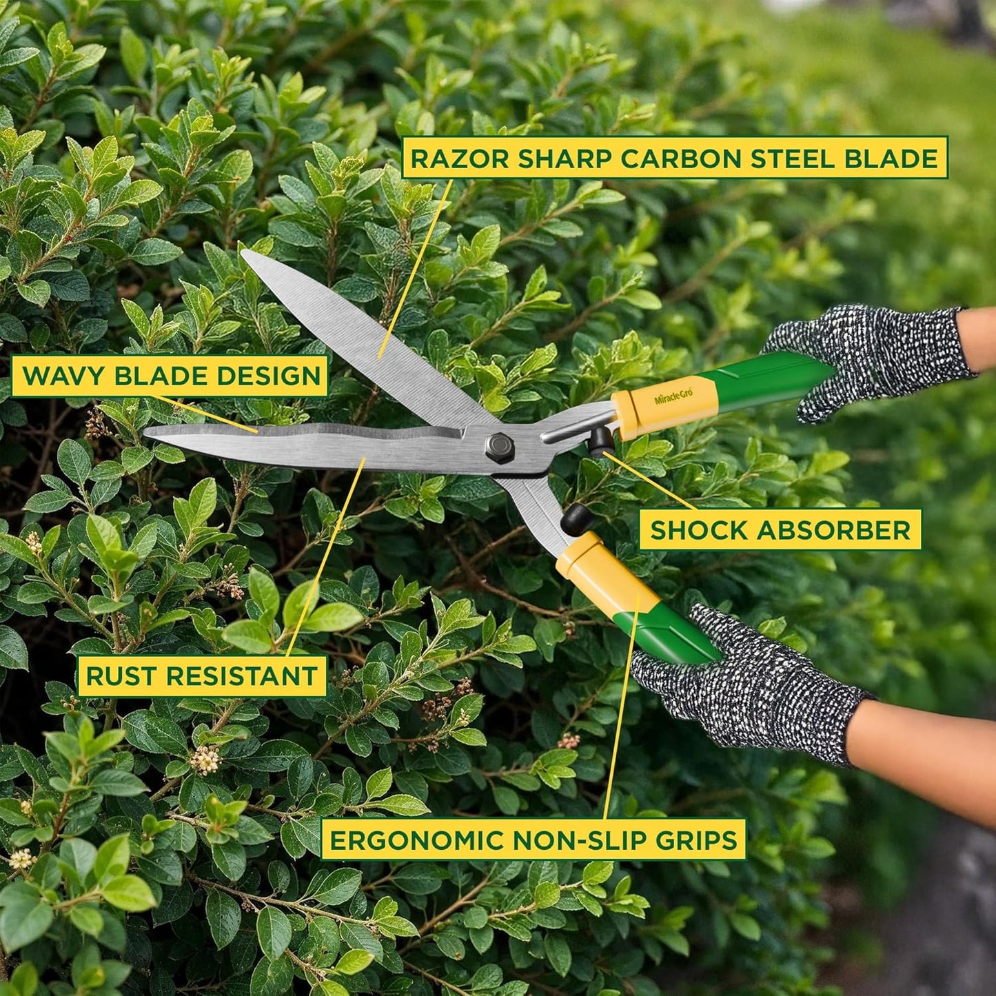 Miracle-Gro 18 in. Wavy Blade Hedge Shears – Lawn and Yard Tool with Sharp Carbon Steel Blades for Trimming Borders, Shaping Bushes, and Shaping/Trimming Hedges, Shrubs