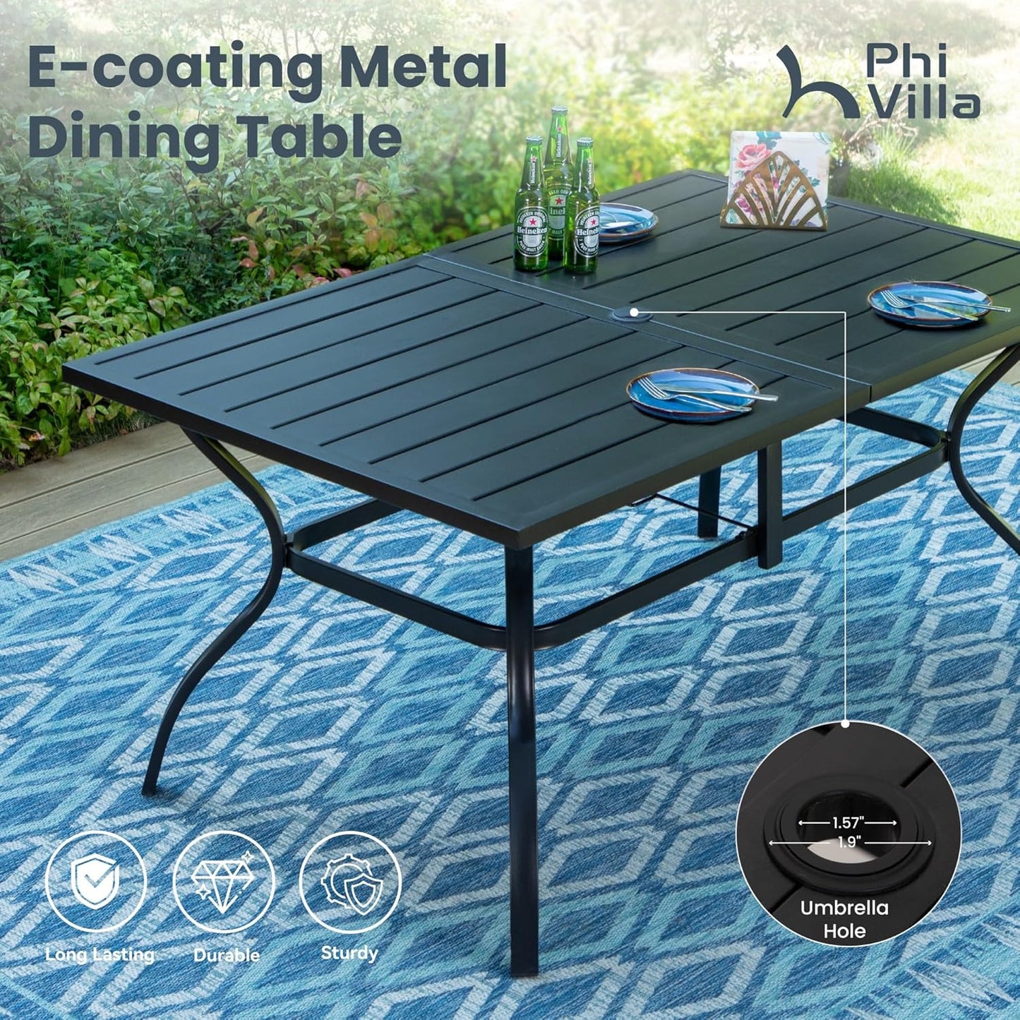 PHI VILLA 7 PCS Patio Dining Set, Rectangle Metal Table with 1.57" Umbrella Hole and 6 High Back Textilene Swivel Chairs, Suitable for All Weather