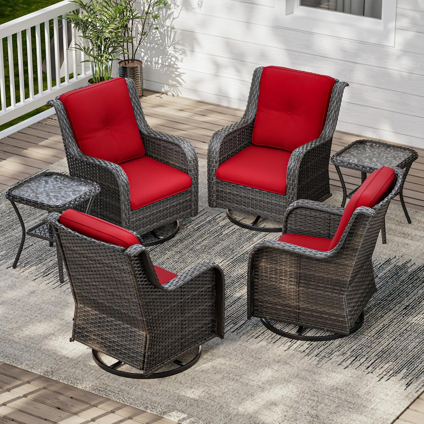 6 Pieces Outdoor Furniture Set - Patio Wicker Swivel Rocker Chair Set of 4 and 2 Side Table, Red, Mixed Brown Rattan, Suitable for Porch, Yard