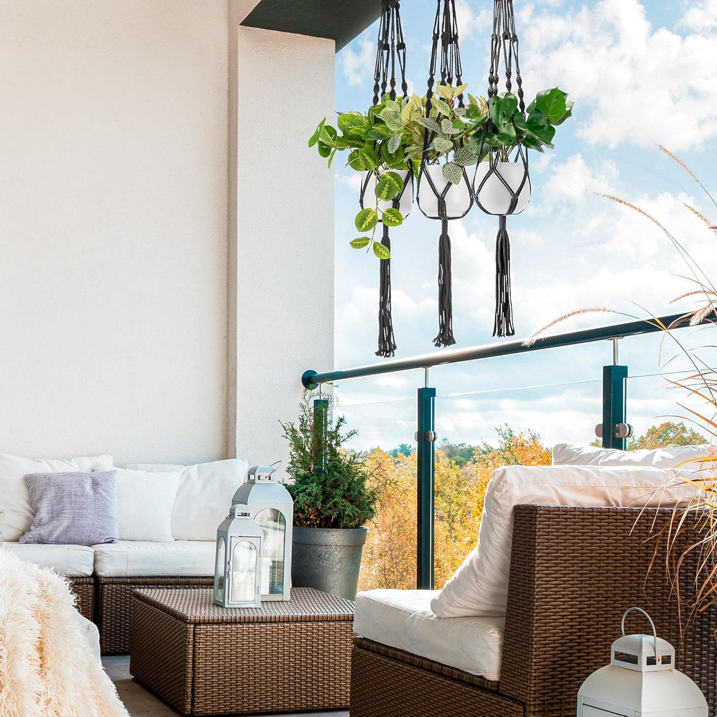 Sorbus Macrame Plant Hanger (8 Pack) Indoor Outdoor Hanging Plant Pots Cotton Rope, Elegant for Home, Patio, Garden (Black)