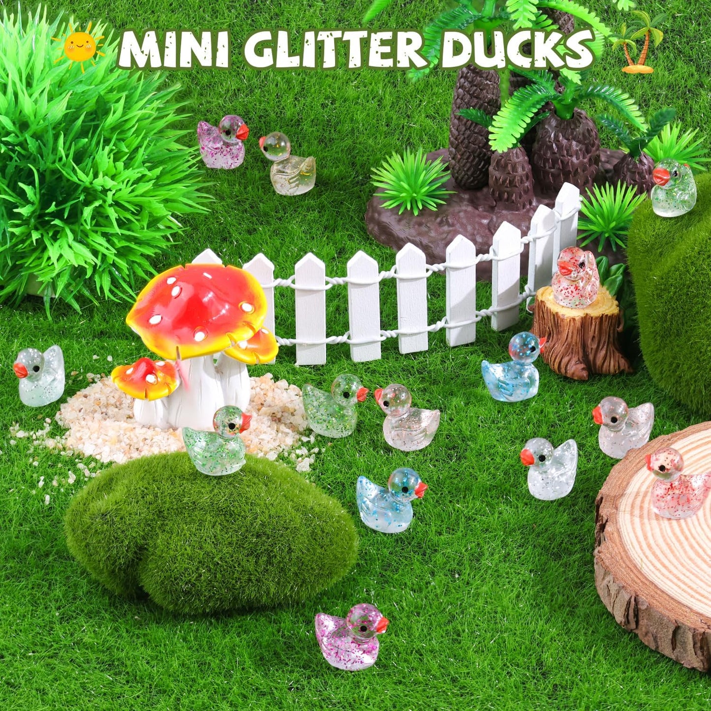 200PCS Mini Resin Animals Cute Colorful Glitter Tiny Ducks, Miniature Figures to Hide, Little Animal Accessories Bulk for Topper Garden Dollhouse Landscape Aquarium Ornaments DIY Crafts & Decor
