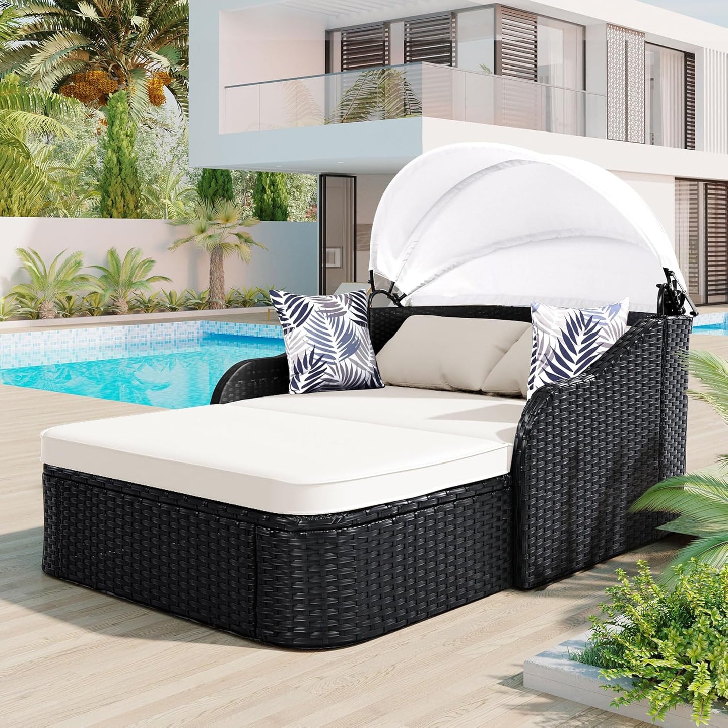 79.9" Outdoor Daybed with Retractable Canopy, PE Rattan Wicker Patio Daybed, 2-Seater Loveseat Lounge Bed Conversation Daybed, Black Wicker and Beige Cushion