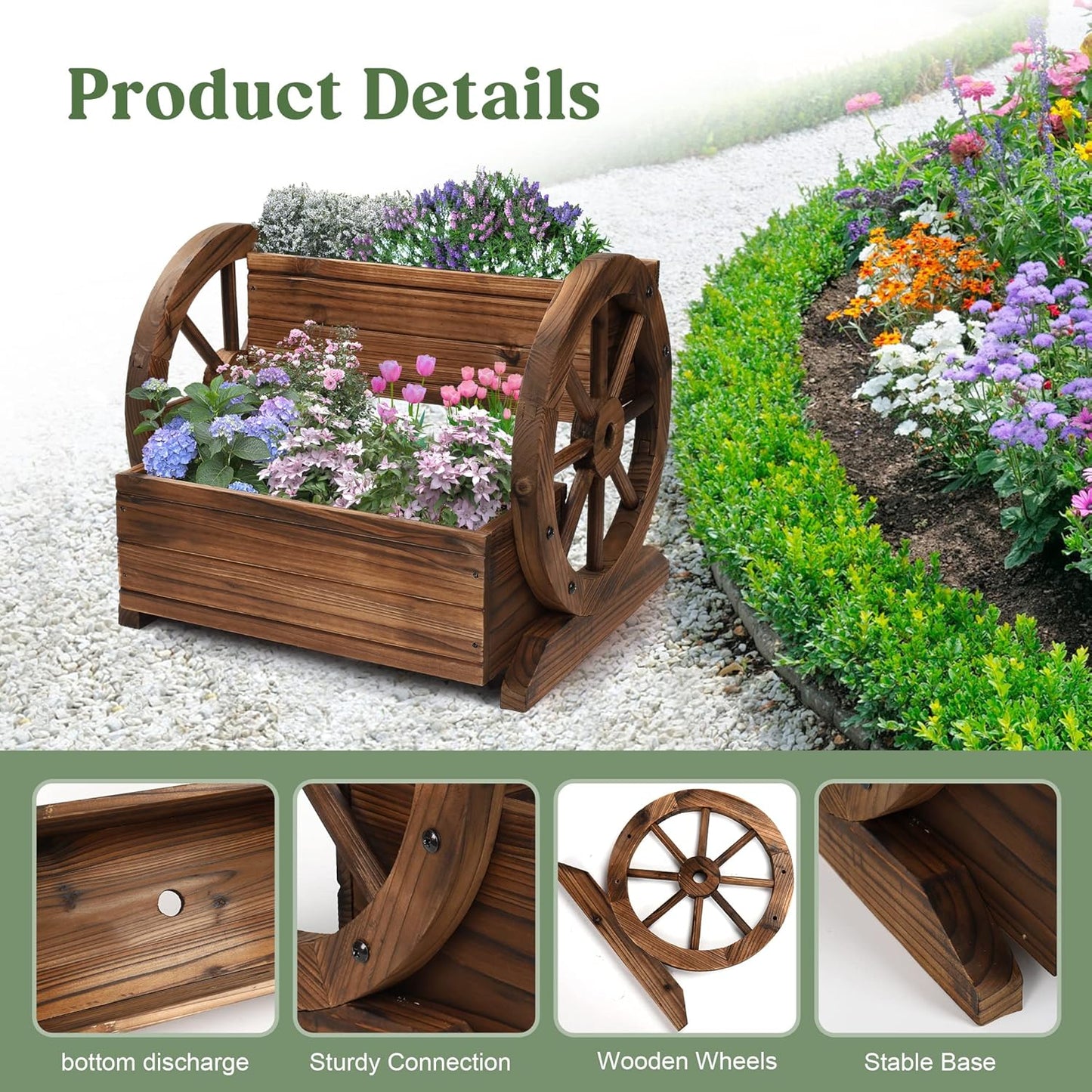 2PCS Wooden Wagon Planter Box, Garden Planter with Wheels,Decorative for Flowers Herbs Vegetables for Indoor & Outdoor Decor,Wooden Flower Cart for Patio Garden Balcony