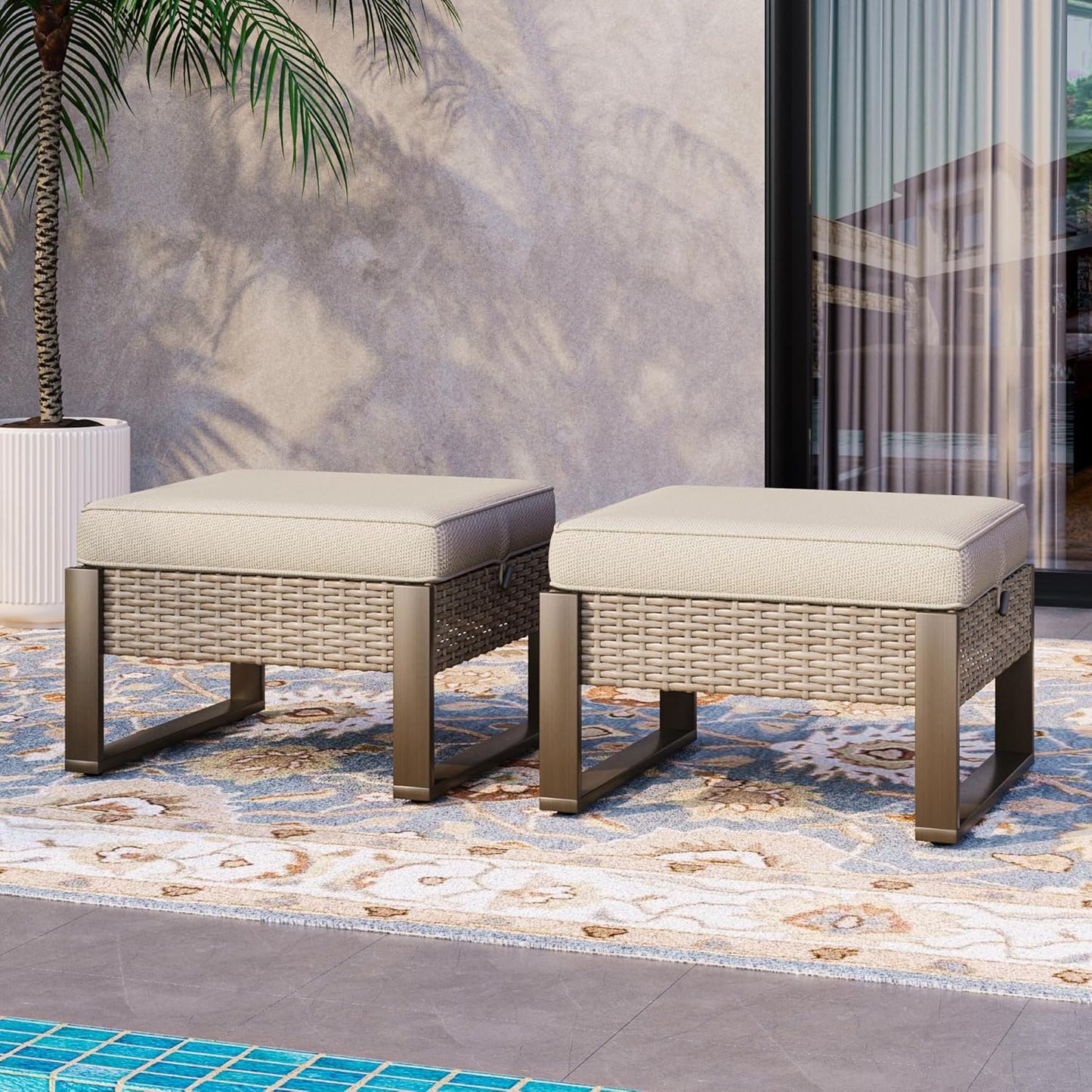 Patio Metal Wicker Ottoman Set of 2, Outdoor PE Rattan Footstools with Removable Cushions & Wood Looking Metal Steel Framed Legs for Garden Backyard Porch Deck, Beige