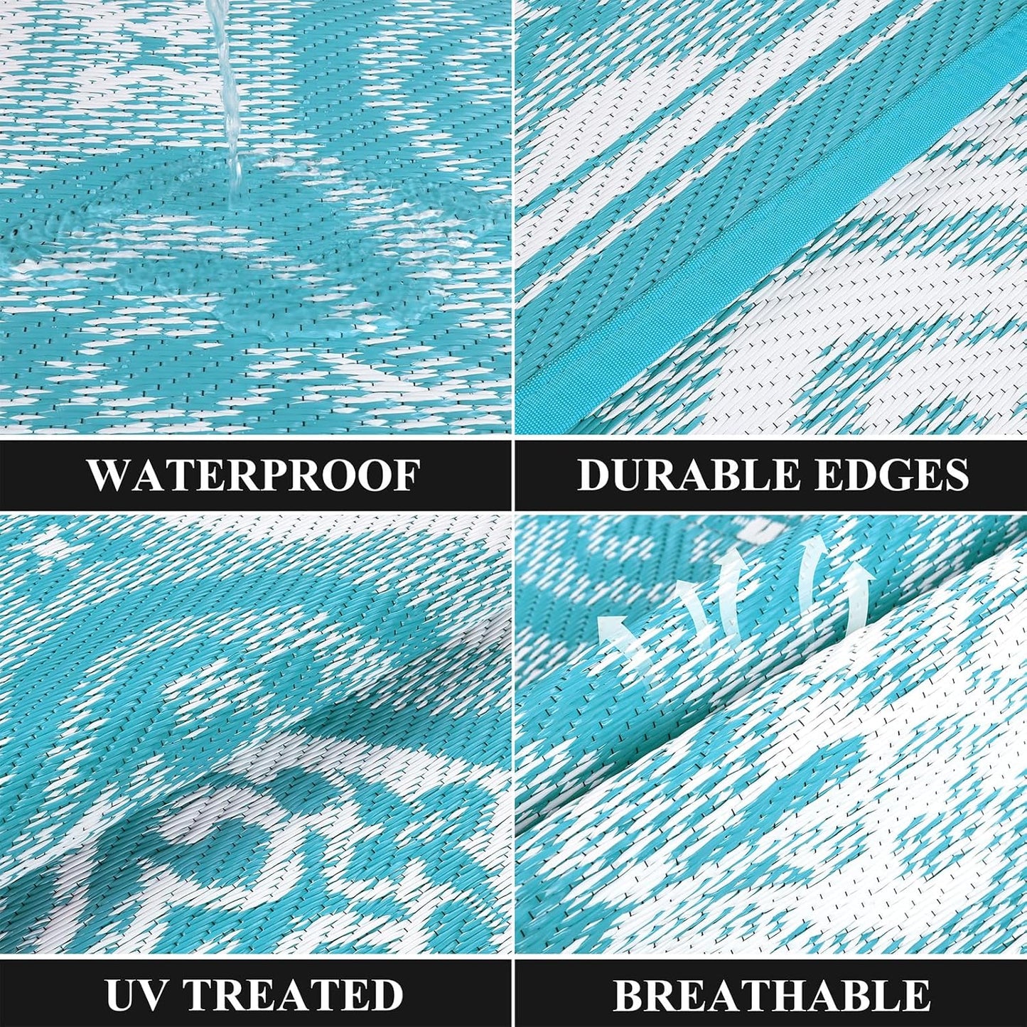 Pauwer Waterproof Outdoor Rug 9x12, Reversible Plastic Straw Patio Camping Rug, Indoor Outdoor RV Mat Carpet for Deck, Camper, Porch, Balcony, Backyard, Picnic, Clover Teal