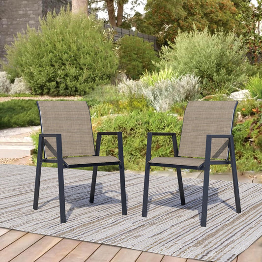 Outdoor Patio Chairs Set of 2, Mocha Stackable Outdoor Chairs, Lightweight Patio Set with High Back, Metal Dining Chair for Lawn, Garden, Yard and Deck