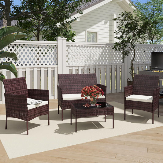 4 Piece Patio Furniture Set - Outdoor Conversation Sets with Coffee Table, Rattan Chair Set for Garden/Poolside, Brown/Beige