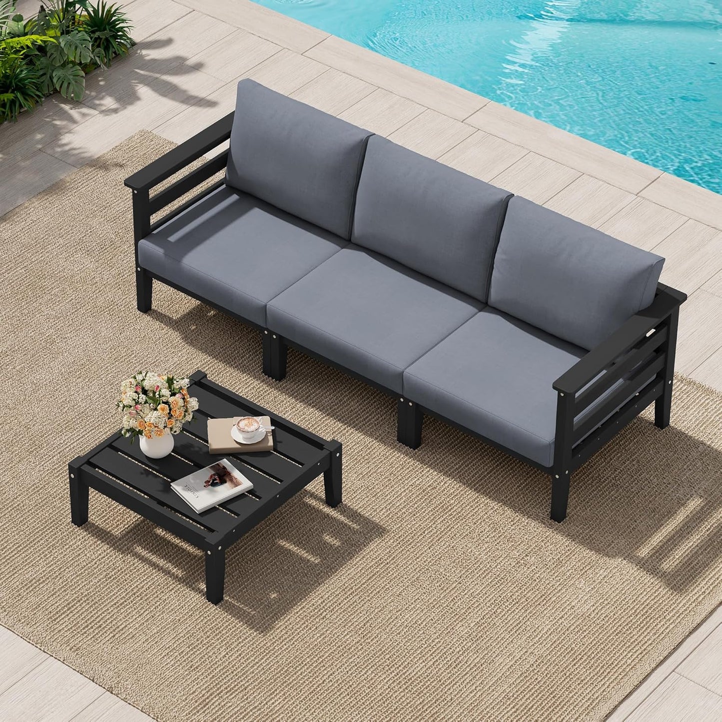 SERWALL HDPE Patio Furniture Set 4 Pieces, All-Weather Wood-Like Outdoor Sofa Couch with Coffee Table for Deck, Lawn, Black Frame with Grey Cushion