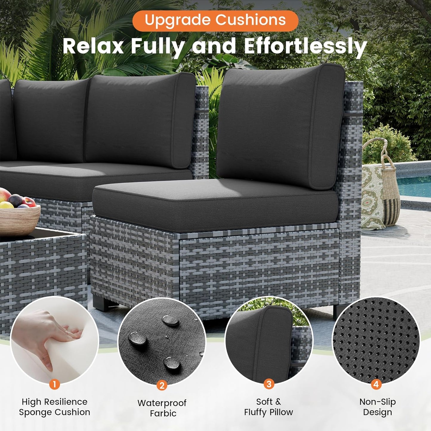 UDPATIO Patio Furniture Set with Fire Pit Table, 8 Inch Armrest Outdoor Sectional Sofa, 7 Piece Wicker Outdoor Furniture Conversation Sets with Waterproof Cover for Backyard Deck(Grey/Black)