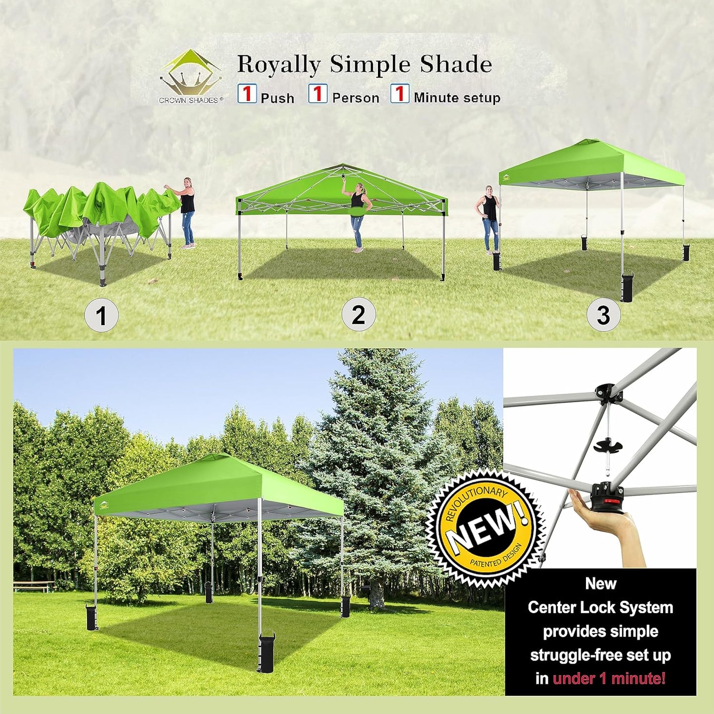 CROWN SHADES 10x10 Pop Up Canopy - Beach Tent with One Push Setup - Easy Outdoor Sun Shade for Events, Parties, Camping - Gazebo with STO-N-Go Cover Bag, Silver Coated Top, Green