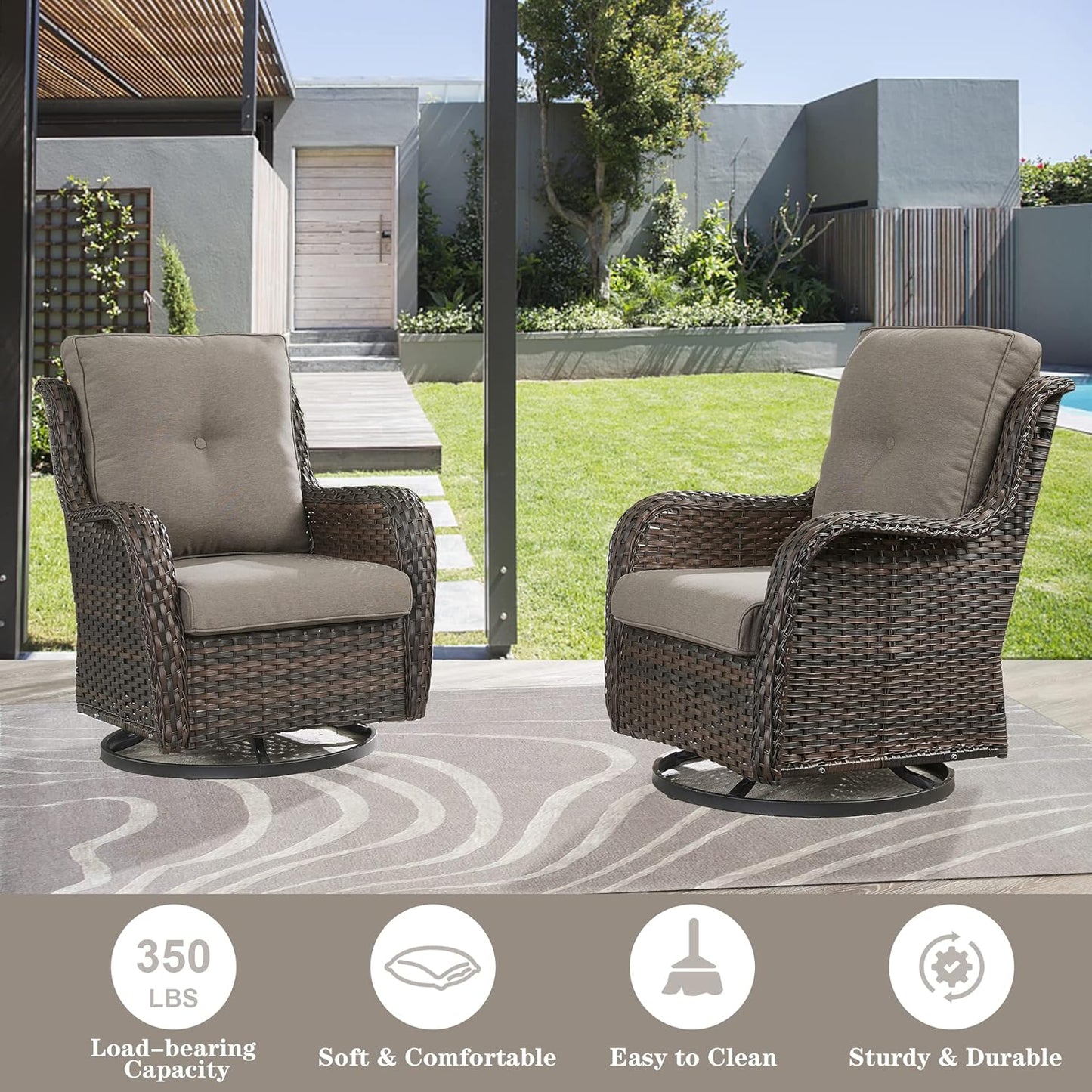 Outdoor Wicker Furniture Patio Set - 7 Piece Backyard Furniture Brown Rattan Conversation Sets with Swivel Rocker Chairs, Rattan Sofa, Club Chairs and Coffee Table, Grey Cushion