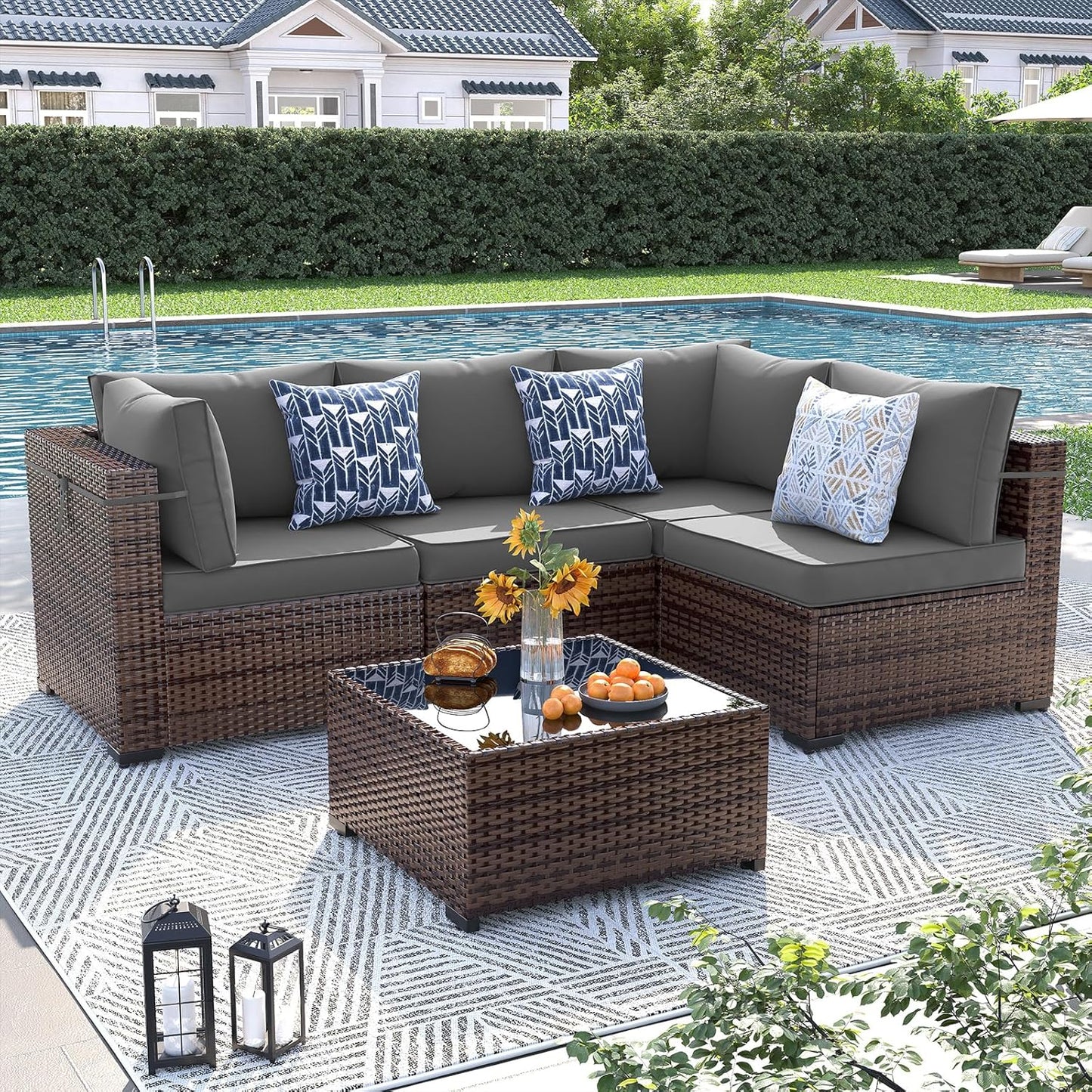 UDPATIO 5 Piece Patio Furniture Set, Outdoor Sectional Modular Sofa with 4'' Thickened Cushions, Wicker Outdoor Furniture Conversation Sets with Waterproof Cover for Backyard Deck(Brown/Dark Grey)