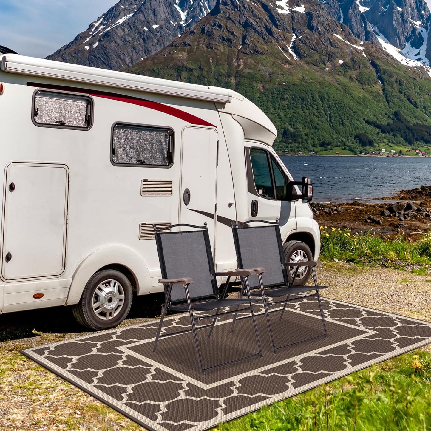 GENIMO Outdoor Rug 8' x 10' Patio Waterproof, Foldable Reversible Plastic Straw Area Rugs Mat for Camper Decor, Outside Carpet for Rv, Deck, Porch, Picnic, Beach, Balcony, Coffee & Beige