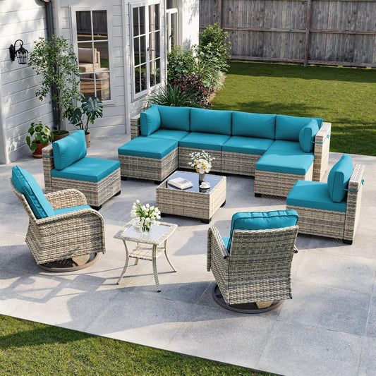 12-Piece Patio Furniture Set, Outdoor Patio Furniture with Swivel Chairs Set, Ottomans, Modular Patio Sofa, Dual-Strand Wicker Rattan, Rust-Resistant Frame, Lake Blue