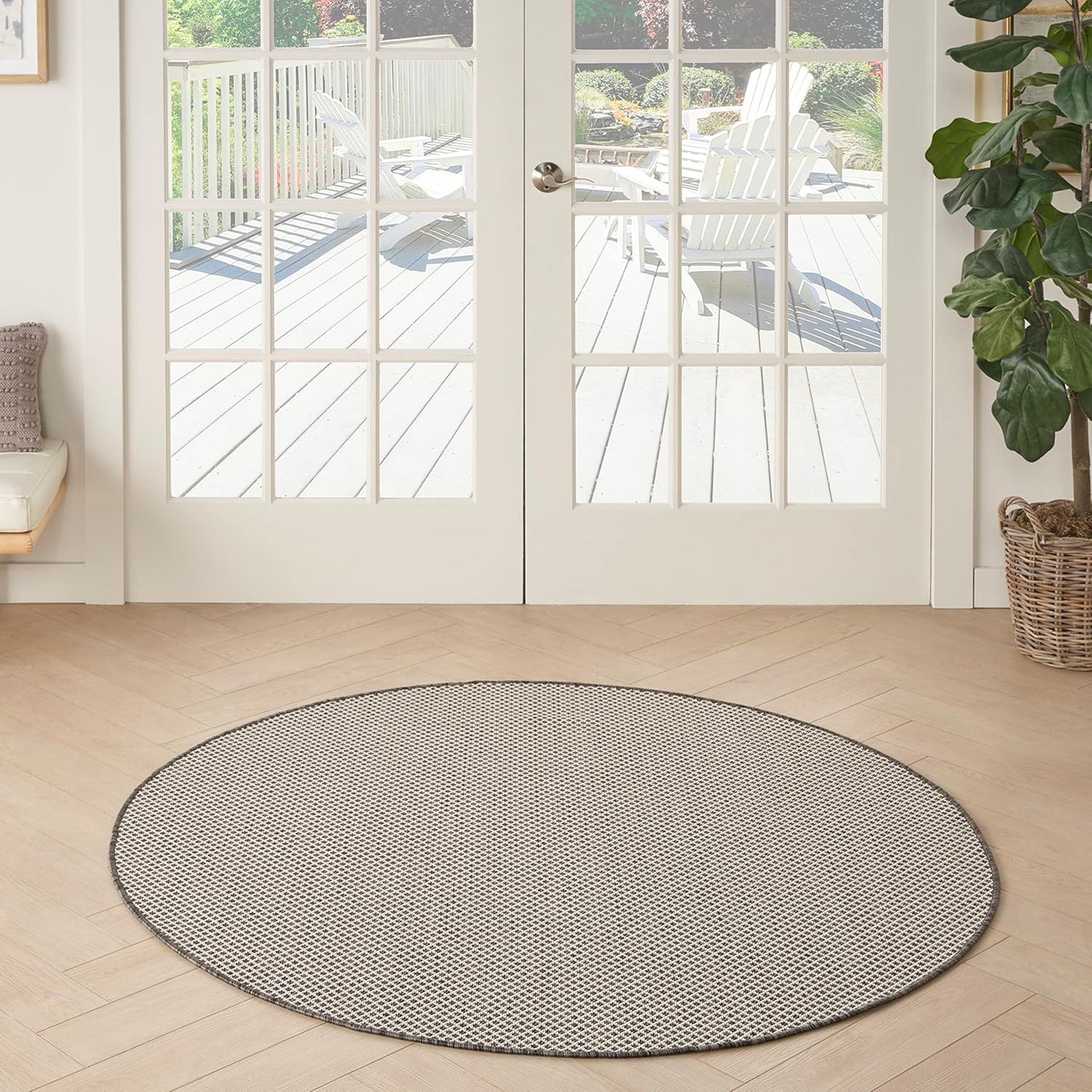 Nourison Home Courtyard Indoor/Outdoor Ivory/Charcoal 4' x Round Area Rug, Easy Cleaning, Non Shedding, Bed Room, Living Room, Dining Room, Backyard, Deck, Patio (4 Round)