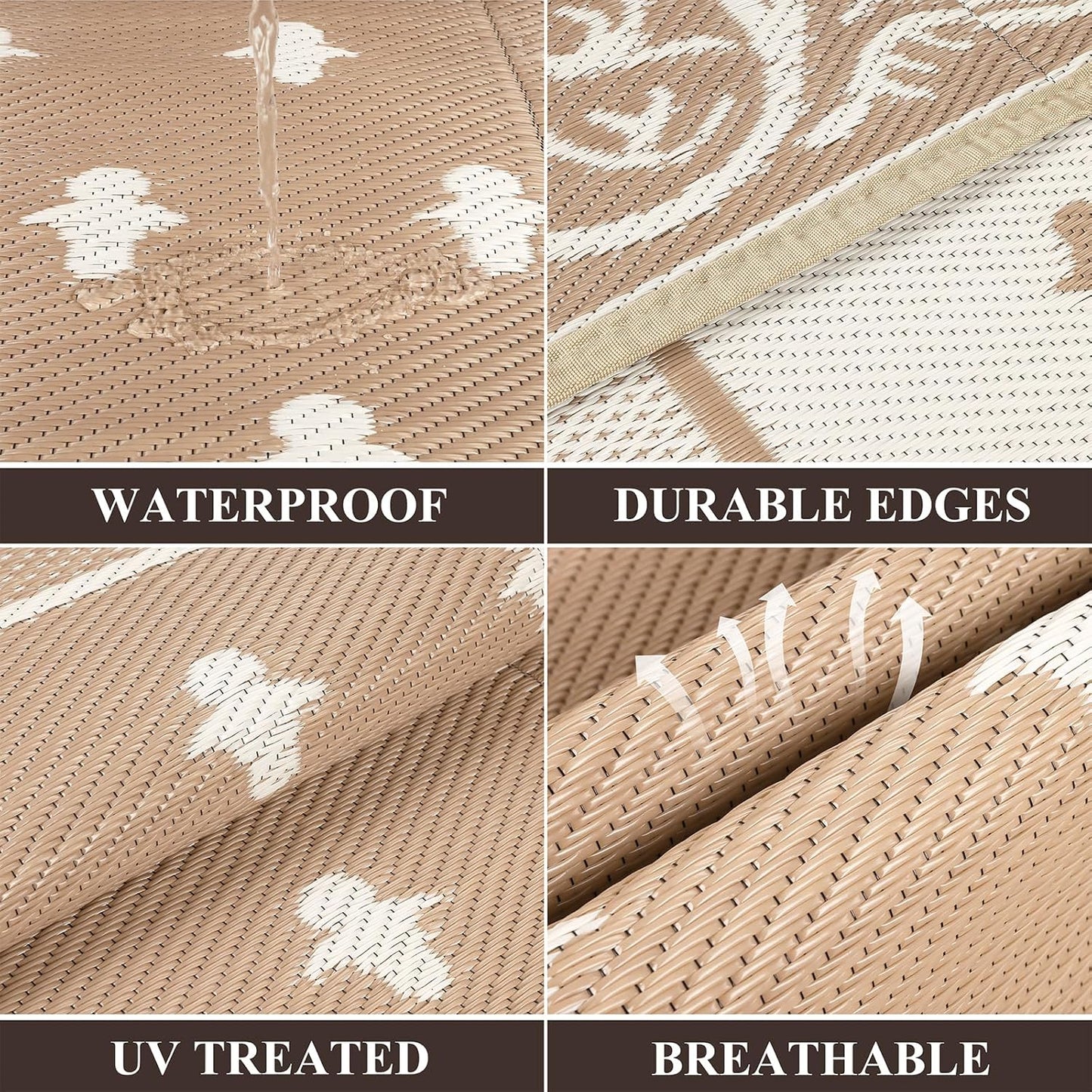 Pauwer Waterproof Outdoor Rug 9x12, Reversible Plastic Straw Patio Camping Rug, Indoor Outdoor RV Mat Carpet for Deck, Camper, Porch, Balcony, Backyard, Picnic, Bordered Beige