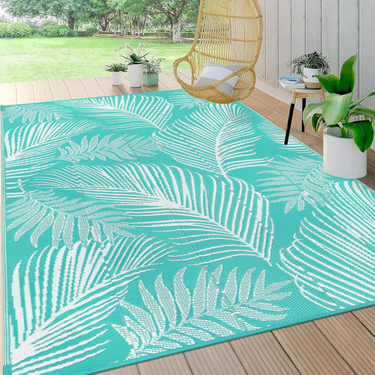 Pauwer Waterproof Outdoor Rug 8x10, Reversible Plastic Straw Patio Camping Rug, Indoor Outdoor RV Mat Carpet for Deck, Camper, Porch, Balcony, Backyard, Picnic, Leaf Light Blue
