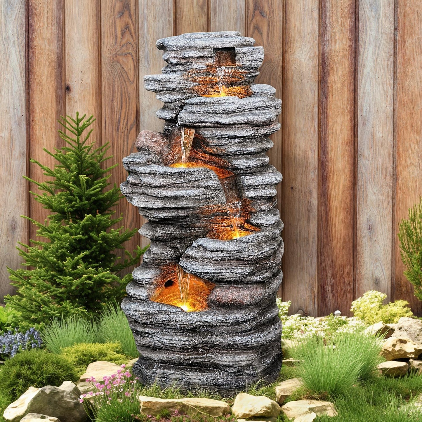 40" Outdoor Water Fountain with LED Lights - 5-Tier Cascading Rock Waterfall Fountain, Natural Rock Look, Ideal for Garden, Landscaping, Patio, Balconies and Yard Decor