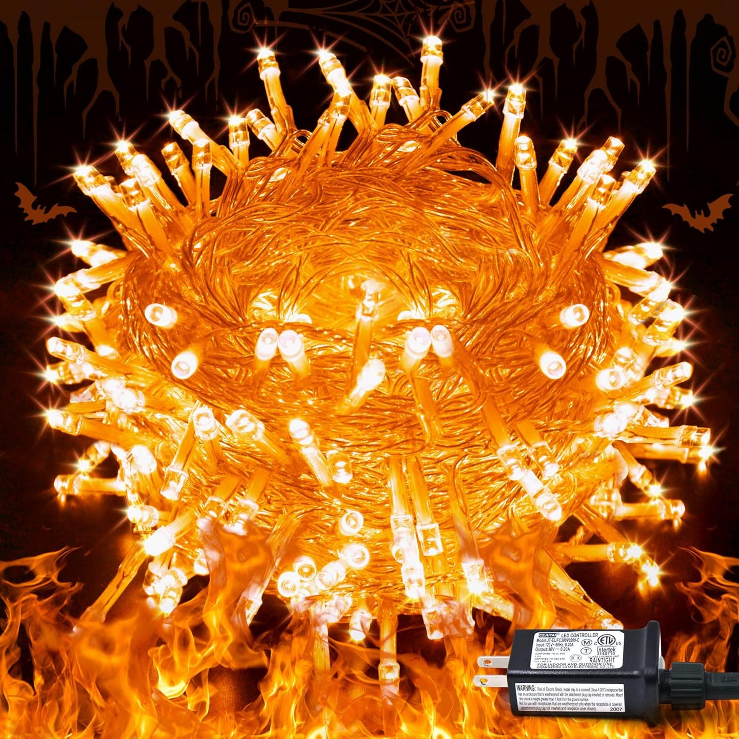 JMEXSUSS Connectable 33ft Halloween Lights Indoor, 100 LED Clear Wire Orange Lights for Halloween, 8 Modes Outdoor Orange Christmas String Light Plug in for Christmas Tree Party Decoration