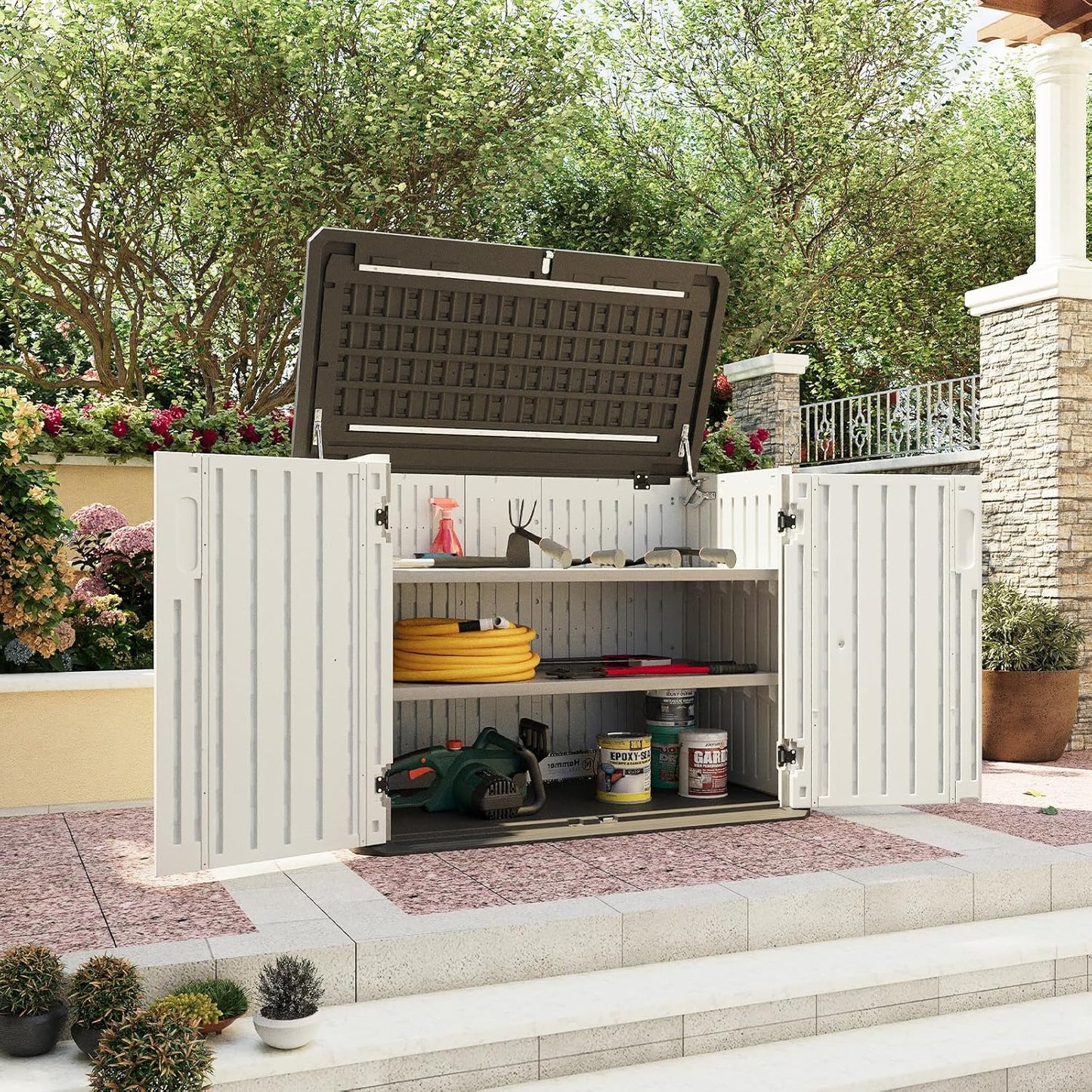 Aoxun 35 Cu.Ft Outdoor Storage Shed with 2 Shelves and Floor, Waterproof Horizontal Resin Cabinet for Trash Cans, Lawn Mowers, Generators, and Garden Tools, White