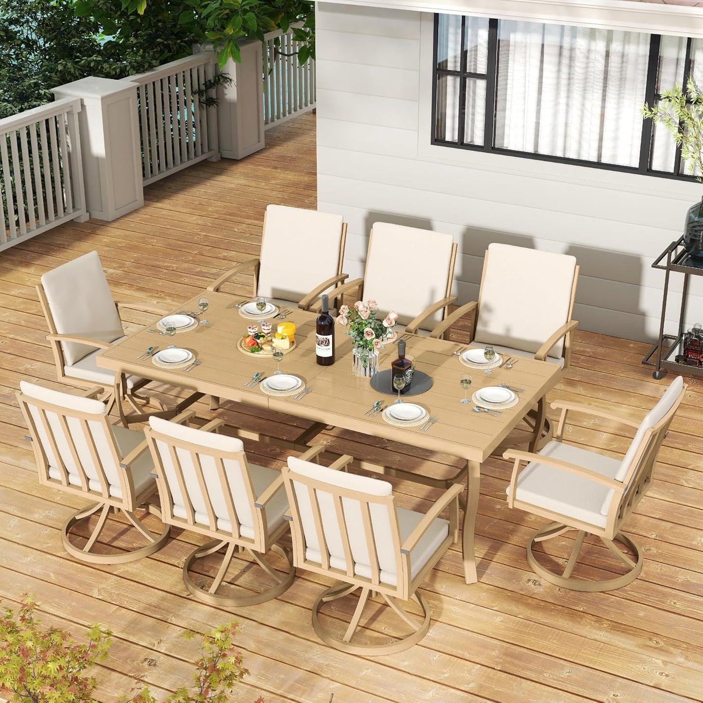 HAPPATIO Outdoor Dining Table for 8, Aluminum Rectangle Outdoor Dining Table with Umbrella Hole, All-Weather Aluminum Patio Dining Table for Garden Yard Poolside, Only Table, Beige