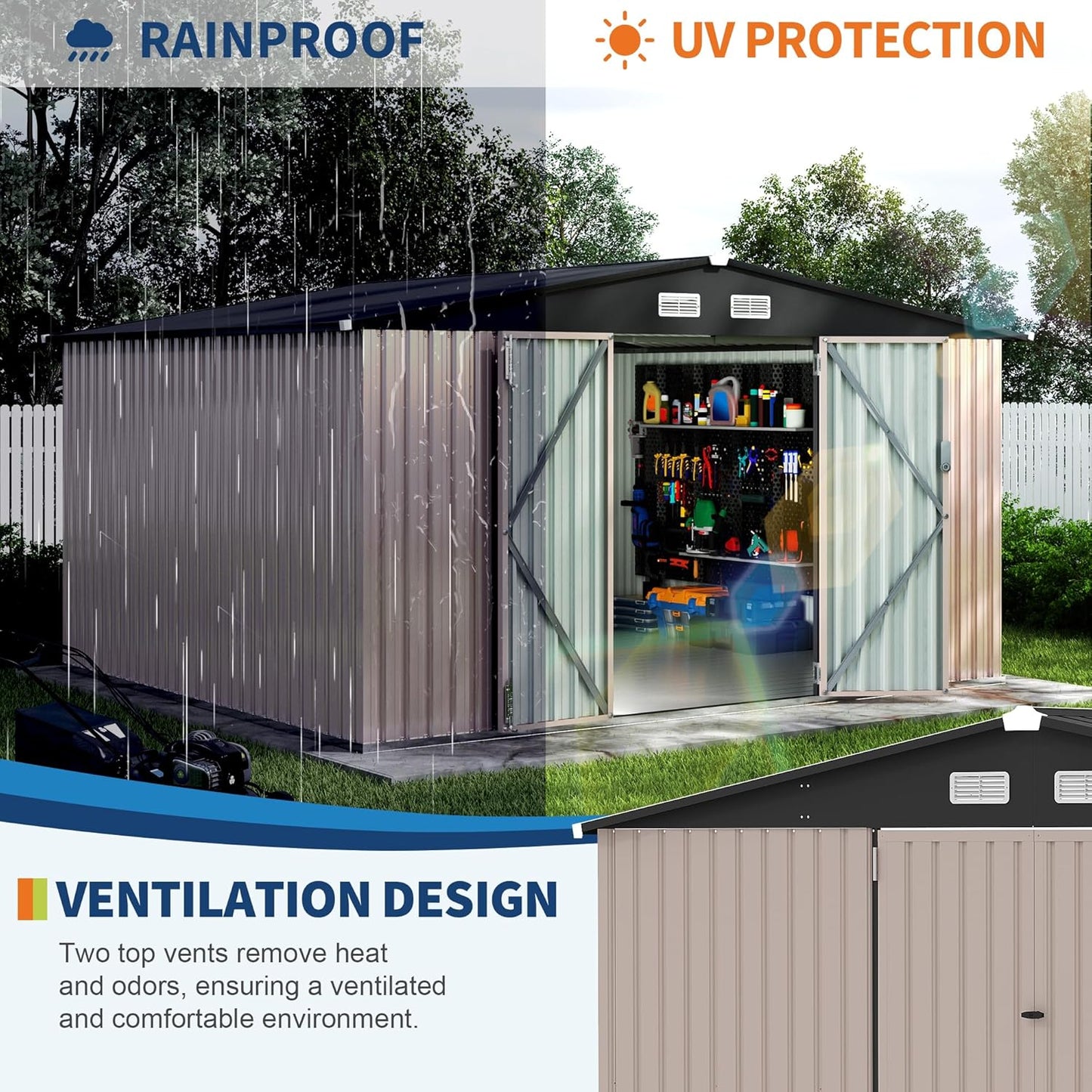 10x12 FT Metal Storage Sheds Outdoor with Floor, Metal Yard Sheds Garden Shed Kit, MetalTool Shed with Lockable Door, Metals UtilitySheds Buildings with Air Vent for Backyard Garden Patio Lawn